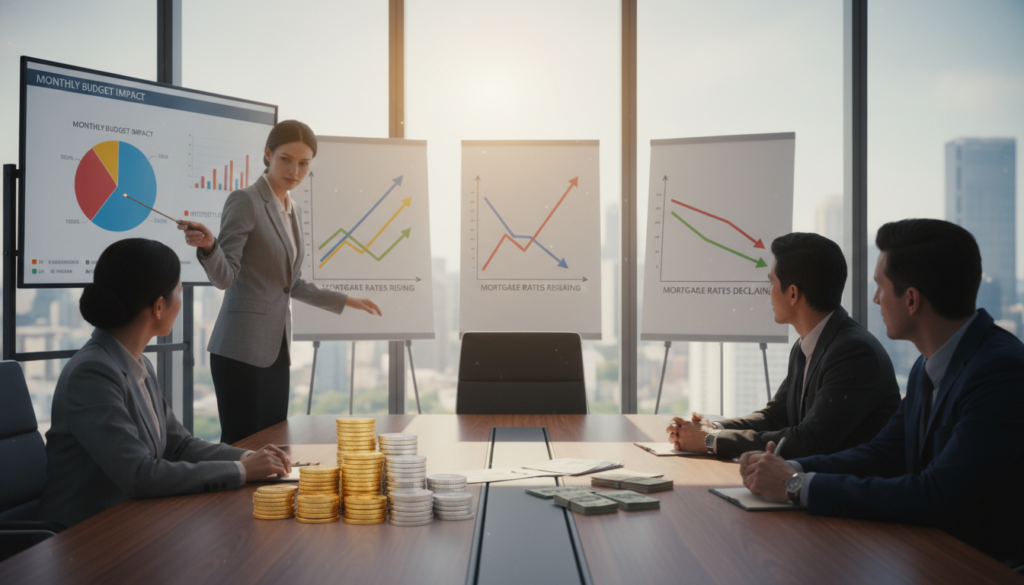A serene office environment showcasing a professional setting where a diverse group of individuals in business attire are engaging in a discussion around a large table. In the foreground, an individual points to a pie chart illustrating varying interest rates and their effects on a monthly budget, symbolized by stacks of coins and bills. In the middle, there are display boards with graphs showing upward and downward trends, emphasizing changes in mortgage rates. In the background, large windows reveal a bright city skyline, with sunlight casting a warm glow over the scene. The overall atmosphere is contemplative and focused, highlighting the importance of understanding financial impacts in daily life. The image should be captured from a slightly elevated angle to capture all elements clearly, with natural lighting enhancing the clarity and vibrancy of the colors. A serene office environment showcasing a professional setting where a diverse group of individuals in business attire are engaging in a discussion around a large table. In the foreground, an individual points to a pie chart illustrating varying interest rates and their effects on a monthly budget, symbolized by stacks of coins and bills. In the middle, there are display boards with graphs showing upward and downward trends, emphasizing changes in mortgage rates. In the background, large windows reveal a bright city skyline, with sunlight casting a warm glow over the scene. The overall atmosphere is contemplative and focused, highlighting the importance of understanding financial impacts in daily life. The image should be captured from a slightly elevated angle to capture all elements clearly, with natural lighting enhancing the clarity and vibrancy of the colors.