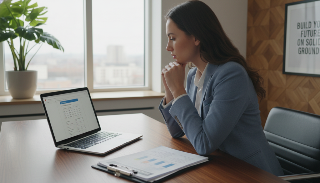 A serene office environment symbolizing stability and predictability in finance. In the foreground, a polished wooden desk with a laptop opened to a mortgage calculator and a neatly arranged set of documents detailing fixed-rate mortgage options. A professional business person in modest attire analyzes the documents, deep in thought, exuding calm and confidence. In the middle ground, a large window showcases a sunny urban skyline, bathed in soft, diffused natural light, suggesting clarity and openness in financial choices. The background features tasteful decorative elements like potted plants and framed motivational art, enhancing the atmosphere of professionalism and security. The overall mood is focused, optimistic, and stable, conveying the essence of a fixed-rate mortgage decision-making process. A serene office environment symbolizing stability and predictability in finance. In the foreground, a polished wooden desk with a laptop opened to a mortgage calculator and a neatly arranged set of documents detailing fixed-rate mortgage options. A professional business person in modest attire analyzes the documents, deep in thought, exuding calm and confidence. In the middle ground, a large window showcases a sunny urban skyline, bathed in soft, diffused natural light, suggesting clarity and openness in financial choices. The background features tasteful decorative elements like potted plants and framed motivational art, enhancing the atmosphere of professionalism and security. The overall mood is focused, optimistic, and stable, conveying the essence of a fixed-rate mortgage decision-making process.