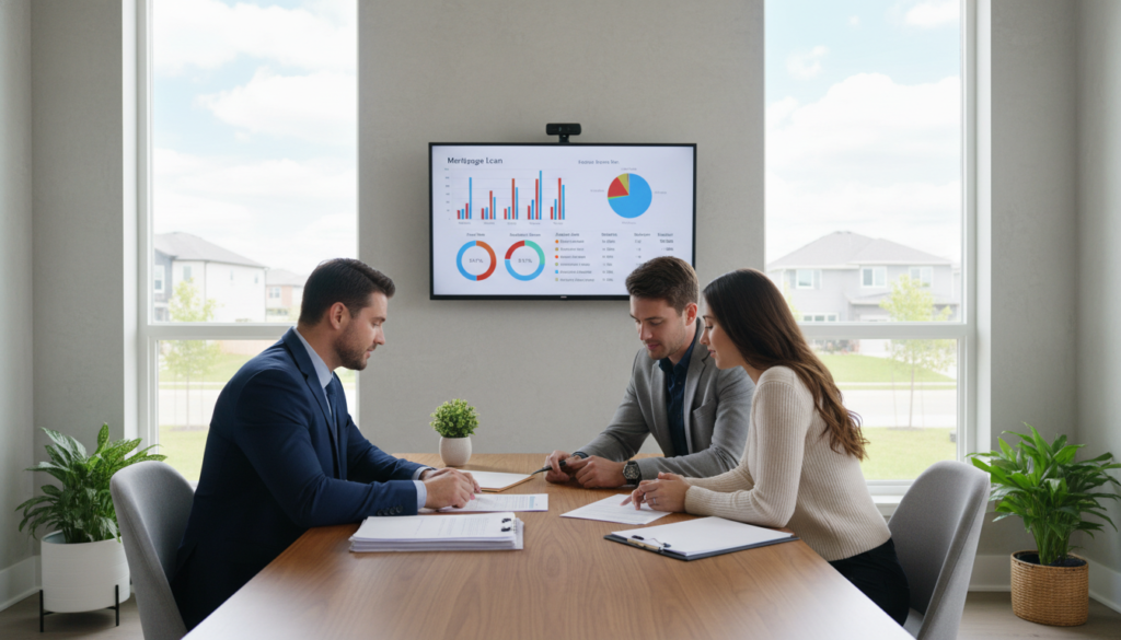 A serene office interior showcasing a mortgage loan consultation. In the foreground, a confident financial advisor in professional attire sits at a modern desk, reviewing mortgage documents with a couple dressed in smart casual clothing, expressing curiosity and engagement. In the middle ground, a wall-mounted screen displays graphs and loan options, providing clear visuals. The background features large windows allowing natural light to flood the room, with a view of suburban homes outside, symbolizing potential home ownership. The atmosphere is warm and inviting, conveying trust and professionalism, while the lighting subtly highlights the main subjects, adding depth and clarity to the scene. A serene office interior showcasing a mortgage loan consultation. In the foreground, a confident financial advisor in professional attire sits at a modern desk, reviewing mortgage documents with a couple dressed in smart casual clothing, expressing curiosity and engagement. In the middle ground, a wall-mounted screen displays graphs and loan options, providing clear visuals. The background features large windows allowing natural light to flood the room, with a view of suburban homes outside, symbolizing potential home ownership. The atmosphere is warm and inviting, conveying trust and professionalism, while the lighting subtly highlights the main subjects, adding depth and clarity to the scene.