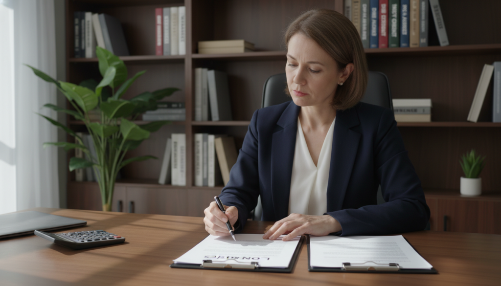 A serene office setting to illustrate loan basics, featuring a wooden desk in the foreground with documents, a calculator, and a pen neatly arranged. In the middle, a thoughtful person in professional business attire, a middle-aged woman, is analyzing a loan agreement with a focused expression. The background displays a large bookshelf filled with financial books and a potted plant, adding warmth to the environment. Soft, natural light filters through a nearby window, casting gentle shadows that enhance the calm atmosphere. The composition should evoke a sense of concentration and clarity, emphasizing understanding and professionalism in financial matters. The angle is slightly above eye level, providing a comprehensive view of the workspace. A serene office setting to illustrate loan basics, featuring a wooden desk in the foreground with documents, a calculator, and a pen neatly arranged. In the middle, a thoughtful person in professional business attire, a middle-aged woman, is analyzing a loan agreement with a focused expression. The background displays a large bookshelf filled with financial books and a potted plant, adding warmth to the environment. Soft, natural light filters through a nearby window, casting gentle shadows that enhance the calm atmosphere. The composition should evoke a sense of concentration and clarity, emphasizing understanding and professionalism in financial matters. The angle is slightly above eye level, providing a comprehensive view of the workspace.
