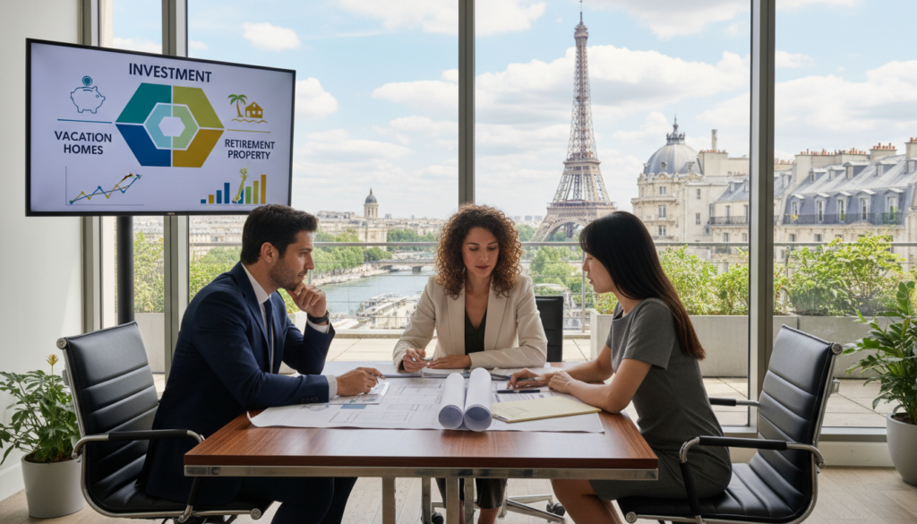 A serene office setting with a large window overlooking a beautiful international cityscape, such as Paris or Tokyo. In the foreground, a diverse group of three professionals—one male and two females—dressed in smart business attire, are gathered around a sleek conference table. They are engaged in a focused discussion, reviewing blueprints and documents related to property ownership. Soft, natural light floods the room, creating an inviting atmosphere. In the middle ground, a large wall displays a colorful infographic illustrating real estate goals such as "Investment," "Vacation Homes," and "Retirement Property." The background features lush greenery and iconic buildings outside the window, conveying a sense of aspiration and opportunity. The mood is collaborative and inspiring, ideal for highlighting the journey towards achieving real estate ambitions. A serene office setting with a large window overlooking a beautiful international cityscape, such as Paris or Tokyo. In the foreground, a diverse group of three professionals—one male and two females—dressed in smart business attire, are gathered around a sleek conference table. They are engaged in a focused discussion, reviewing blueprints and documents related to property ownership. Soft, natural light floods the room, creating an inviting atmosphere. In the middle ground, a large wall displays a colorful infographic illustrating real estate goals such as "Investment," "Vacation Homes," and "Retirement Property." The background features lush greenery and iconic buildings outside the window, conveying a sense of aspiration and opportunity. The mood is collaborative and inspiring, ideal for highlighting the journey towards achieving real estate ambitions.