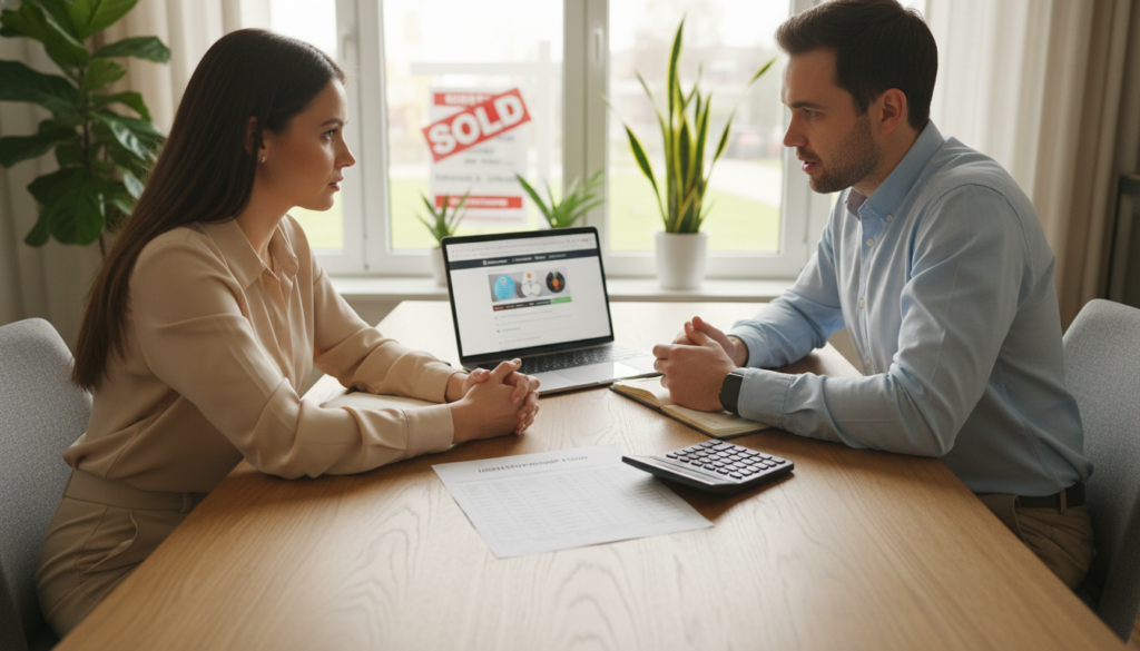 A serene, professional setting depicting a couple sitting at a modern dining table with financial documents, a laptop, and a calculator spread out in front of them. The foreground includes a close-up of their hands together over a budget sheet, symbolizing teamwork and planning. In the middle, the couple appears focused, dressed in smart casual attire, with expressions of determination as they discuss their financial readiness for homeownership. The background features a well-lit living room with soft natural light streaming through large windows, plants adding a touch of greenery, and a "sold" sign visible outside. The atmosphere is positive and hopeful, highlighting the importance of financial assessment. Use warm, inviting lighting and a slightly elevated angle to convey a sense of upward movement toward achieving their goals. A serene, professional setting depicting a couple sitting at a modern dining table with financial documents, a laptop, and a calculator spread out in front of them. The foreground includes a close-up of their hands together over a budget sheet, symbolizing teamwork and planning. In the middle, the couple appears focused, dressed in smart casual attire, with expressions of determination as they discuss their financial readiness for homeownership. The background features a well-lit living room with soft natural light streaming through large windows, plants adding a touch of greenery, and a "sold" sign visible outside. The atmosphere is positive and hopeful, highlighting the importance of financial assessment. Use warm, inviting lighting and a slightly elevated angle to convey a sense of upward movement toward achieving their goals.