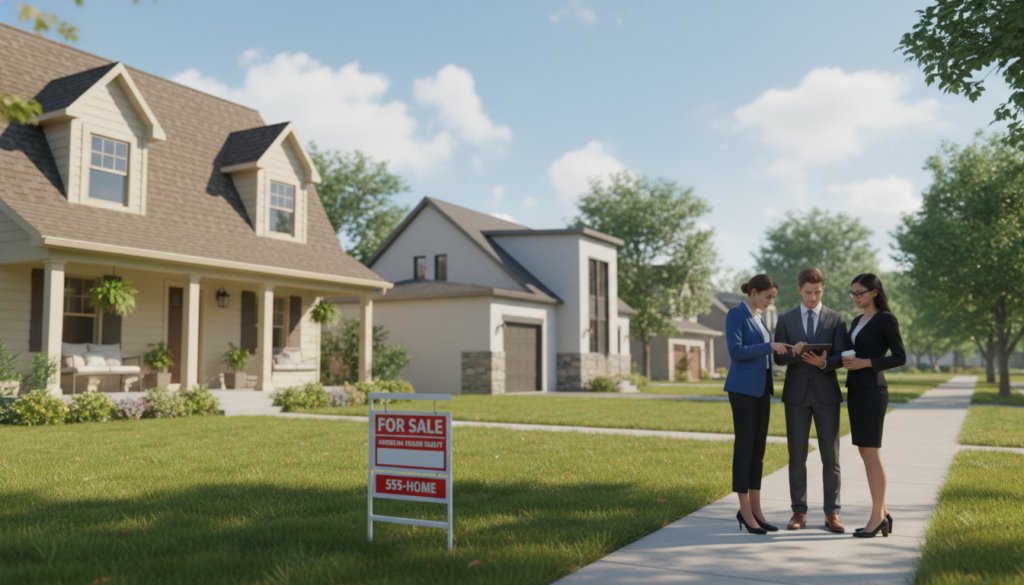 A serene residential neighborhood in the USA, showcasing a mix of traditional and modern homes with manicured lawns. In the foreground, a well-maintained house with a "For Sale" sign in front, symbolizing the essence of property ownership. The middle of the image features a diverse group of three individuals dressed in professional business attire, engaged in discussion while examining a property listing on a tablet. The background reveals a clear blue sky with a few fluffy clouds, and trees lining the street, creating an inviting atmosphere. Soft, natural lighting casts gentle shadows, emphasizing the warm and welcoming feeling of homeownership. The scene encapsulates the concept of real estate basics, inviting viewers to consider property as a valuable investment. A serene residential neighborhood in the USA, showcasing a mix of traditional and modern homes with manicured lawns. In the foreground, a well-maintained house with a "For Sale" sign in front, symbolizing the essence of property ownership. The middle of the image features a diverse group of three individuals dressed in professional business attire, engaged in discussion while examining a property listing on a tablet. The background reveals a clear blue sky with a few fluffy clouds, and trees lining the street, creating an inviting atmosphere. Soft, natural lighting casts gentle shadows, emphasizing the warm and welcoming feeling of homeownership. The scene encapsulates the concept of real estate basics, inviting viewers to consider property as a valuable investment.