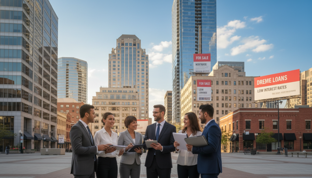 A serene urban landscape depicting the concept of a mortgage in the USA. In the foreground, a diverse group of professionals in business attire is engaged in conversation while holding documents and digital devices, symbolizing the mortgage application process. In the middle ground, modern buildings with "For Sale" signs and advertisements for financial services reflect the real estate market. The background features a clear blue sky with soft, fluffy clouds, enhancing the optimistic mood. Soft sunlight filters through the scene, casting gentle shadows and creating an inviting atmosphere. Capture this image using a wide-angle lens to emphasize the expanse of the city, ensuring a professional and polished look. A serene urban landscape depicting the concept of a mortgage in the USA. In the foreground, a diverse group of professionals in business attire is engaged in conversation while holding documents and digital devices, symbolizing the mortgage application process. In the middle ground, modern buildings with "For Sale" signs and advertisements for financial services reflect the real estate market. The background features a clear blue sky with soft, fluffy clouds, enhancing the optimistic mood. Soft sunlight filters through the scene, casting gentle shadows and creating an inviting atmosphere. Capture this image using a wide-angle lens to emphasize the expanse of the city, ensuring a professional and polished look.