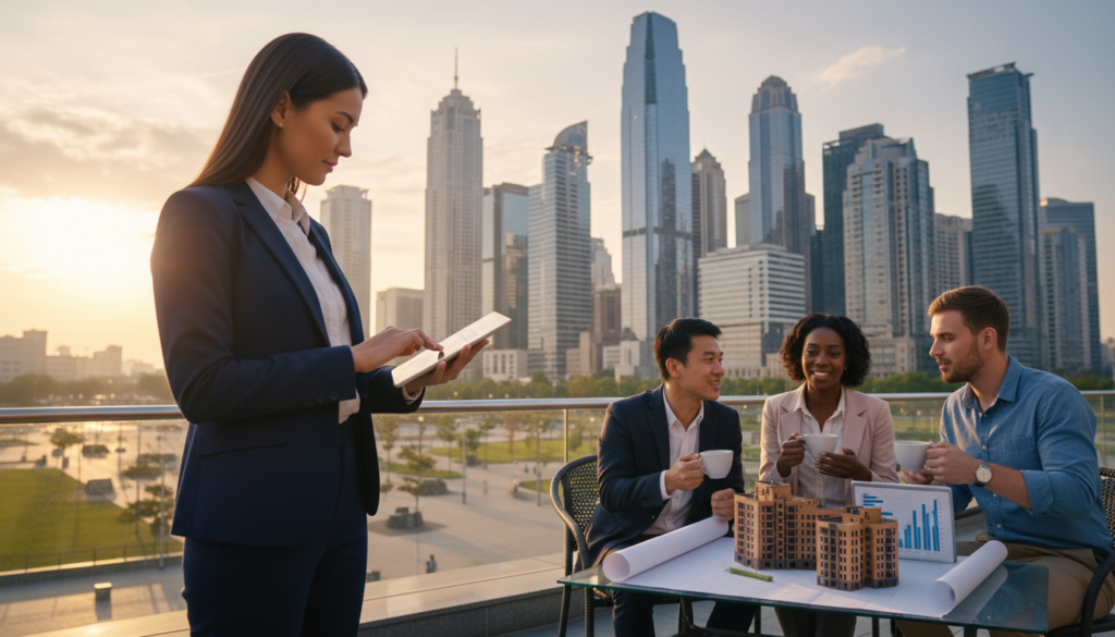 A serene urban landscape illustrating the concept of "buy and hold" in property investment. In the foreground, a professional businessperson in smart attire is examining property listings on a tablet, showcasing a sense of focus and purpose. In the middle ground, a small group of diverse individuals discusses a property plan over a coffee table, surrounded by miniature models of buildings and charts. In the background, a skyline of modern buildings reflects the promise of long-term investment, with soft morning light casting gentle shadows. The atmosphere is optimistic and collaborative, with a vibrant sky hinting at growth and opportunity. Captured in a wide-angle lens, the scene emphasizes both human interaction and the sprawling city, symbolizing future investments. A serene urban landscape illustrating the concept of "buy and hold" in property investment. In the foreground, a professional businessperson in smart attire is examining property listings on a tablet, showcasing a sense of focus and purpose. In the middle ground, a small group of diverse individuals discusses a property plan over a coffee table, surrounded by miniature models of buildings and charts. In the background, a skyline of modern buildings reflects the promise of long-term investment, with soft morning light casting gentle shadows. The atmosphere is optimistic and collaborative, with a vibrant sky hinting at growth and opportunity. Captured in a wide-angle lens, the scene emphasizes both human interaction and the sprawling city, symbolizing future investments.