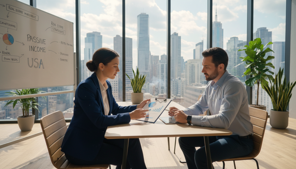 A serene urban scene depicting a diverse group of professionals engaged in a discussion about passive income real estate. In the foreground, a woman in professional business attire gestures towards a clipboard filled with charts and graphs, while a man in smart casual clothing takes notes on a tablet. In the middle ground, a modern office setting with large windows reveals a city skyline, while a whiteboard showcases real estate investment strategies and passive income concepts. The background features lush green plants and tall buildings, creating an inviting atmosphere. Natural light floods the room, casting soft shadows, while the composition employs a slight tilt-angle for an engaging perspective. The mood is collaborative and insightful, perfect for understanding passive income real estate in the USA. A serene urban scene depicting a diverse group of professionals engaged in a discussion about passive income real estate. In the foreground, a woman in professional business attire gestures towards a clipboard filled with charts and graphs, while a man in smart casual clothing takes notes on a tablet. In the middle ground, a modern office setting with large windows reveals a city skyline, while a whiteboard showcases real estate investment strategies and passive income concepts. The background features lush green plants and tall buildings, creating an inviting atmosphere. Natural light floods the room, casting soft shadows, while the composition employs a slight tilt-angle for an engaging perspective. The mood is collaborative and insightful, perfect for understanding passive income real estate in the USA.