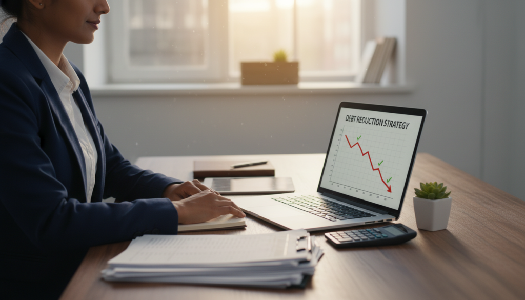 A serene, well-organized workspace representing financial stability. In the foreground, a professional-looking person of diverse ethnicity, dressed in smart business attire, sits at a sleek desk filled with financial documents and a laptop, their expression focused and relaxed. In the middle, a clear chart illustrating debt reduction strategies is displayed on the laptop screen, alongside a calculator and a potted plant, symbolizing growth. The background features a soft-focus window with natural light streaming in, creating a warm and inviting atmosphere. The overall mood is one of hope and empowerment, conveying the message of achieving financial freedom through smart decisions. Use a shallow depth of field to emphasize the subject while maintaining a bright, airy feel. A serene, well-organized workspace representing financial stability. In the foreground, a professional-looking person of diverse ethnicity, dressed in smart business attire, sits at a sleek desk filled with financial documents and a laptop, their expression focused and relaxed. In the middle, a clear chart illustrating debt reduction strategies is displayed on the laptop screen, alongside a calculator and a potted plant, symbolizing growth. The background features a soft-focus window with natural light streaming in, creating a warm and inviting atmosphere. The overall mood is one of hope and empowerment, conveying the message of achieving financial freedom through smart decisions. Use a shallow depth of field to emphasize the subject while maintaining a bright, airy feel.
