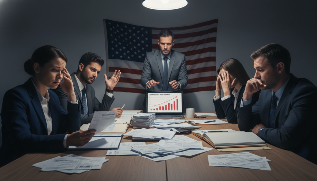 A somber scene illustrating the realities of debt in America, featuring a diverse group of individuals in professional business attire gathered around a cluttered table strewn with bills and financial documents. In the foreground, a worried woman examines her credit report, while a man gestures with concern. The middle ground showcases a financial advisor presenting charts on a laptop, displaying rising debt trends. In the background, an American flag subtly waves, symbolizing the national context. The overall lighting is dim, with a single overhead light casting shadows, creating an atmosphere of seriousness and contemplation. Capture this in a slightly angled perspective to evoke depth and urgency. A somber scene illustrating the realities of debt in America, featuring a diverse group of individuals in professional business attire gathered around a cluttered table strewn with bills and financial documents. In the foreground, a worried woman examines her credit report, while a man gestures with concern. The middle ground showcases a financial advisor presenting charts on a laptop, displaying rising debt trends. In the background, an American flag subtly waves, symbolizing the national context. The overall lighting is dim, with a single overhead light casting shadows, creating an atmosphere of seriousness and contemplation. Capture this in a slightly angled perspective to evoke depth and urgency.