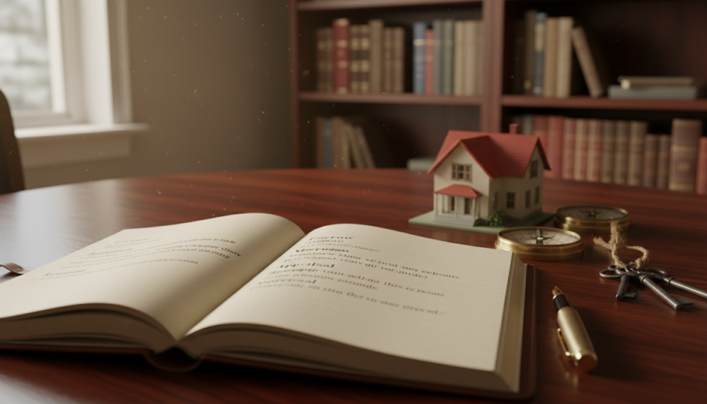 A sophisticated and inviting property glossary is laid out on an elegant wooden desk, surrounded by various real estate items. In the foreground, an open leather-bound notebook features neatly handwritten definitions of common real estate terms, alongside a stylish pen. In the middle ground, a variety of property-related visual elements like miniature house models, a compass, and a set of keys add context, emphasizing the real estate theme. In the background, a softly blurred bookshelf filled with books on real estate and economics creates an atmospheric depth. Soft natural lighting from a window casts warm highlights across the scene, enhancing the professional and educational ambiance. The overall mood is one of clarity and insight, inviting viewers to explore the intricacies of real estate terminology. A sophisticated and inviting property glossary is laid out on an elegant wooden desk, surrounded by various real estate items. In the foreground, an open leather-bound notebook features neatly handwritten definitions of common real estate terms, alongside a stylish pen. In the middle ground, a variety of property-related visual elements like miniature house models, a compass, and a set of keys add context, emphasizing the real estate theme. In the background, a softly blurred bookshelf filled with books on real estate and economics creates an atmospheric depth. Soft natural lighting from a window casts warm highlights across the scene, enhancing the professional and educational ambiance. The overall mood is one of clarity and insight, inviting viewers to explore the intricacies of real estate terminology.