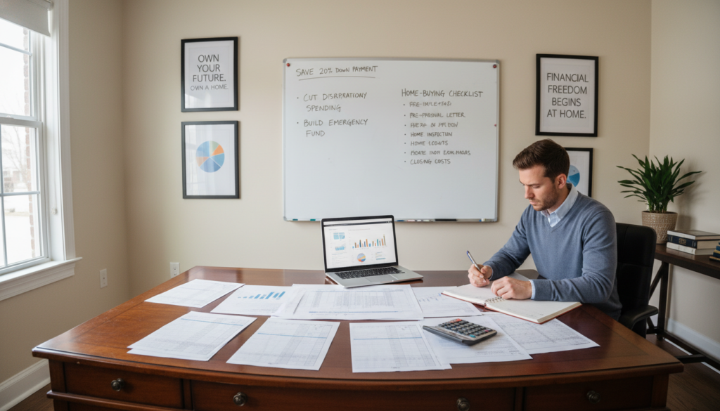 A spacious, well-organized home office scene with a large wooden desk cluttered with detailed budget spreadsheets, a calculator, and a laptop showing financial graphs. In the foreground, a professional-looking individual in smart casual attire thoughtfully examines documents, with a notepad in hand. In the middle background, a whiteboard filled with budgeting tips and home-buying checklists adds structure. Soft, natural light streams through a large window, casting a warm glow over the scene, creating an inviting atmosphere. The walls are adorned with framed motivational quotes about financial readiness and home ownership. The perspective is from a slightly elevated angle, offering a clear view of the desk and the person, emphasizing focus and determination in assessing financial goals for home buying. A spacious, well-organized home office scene with a large wooden desk cluttered with detailed budget spreadsheets, a calculator, and a laptop showing financial graphs. In the foreground, a professional-looking individual in smart casual attire thoughtfully examines documents, with a notepad in hand. In the middle background, a whiteboard filled with budgeting tips and home-buying checklists adds structure. Soft, natural light streams through a large window, casting a warm glow over the scene, creating an inviting atmosphere. The walls are adorned with framed motivational quotes about financial readiness and home ownership. The perspective is from a slightly elevated angle, offering a clear view of the desk and the person, emphasizing focus and determination in assessing financial goals for home buying.