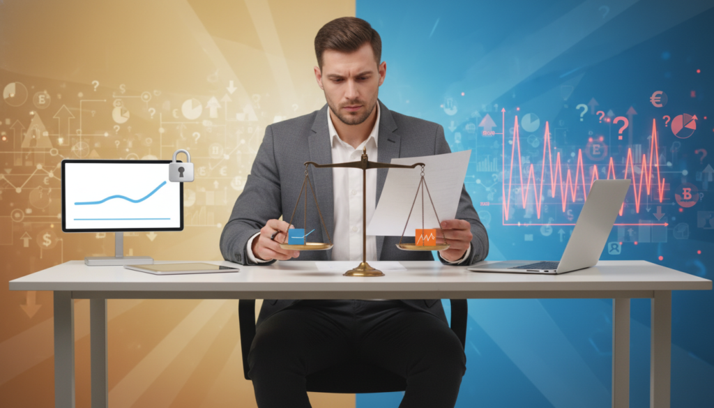 A split scene illustrating the concept of "fixed vs variable rates" in personal loans. In the foreground, a professional individual in business attire reviews financial documents, with a laptop displaying graphs. On one side, depict a calm, stable setting representing fixed rates: a steady line graph, a locked padlock, and a solid background of warm, welcoming colors. On the other side, show a dynamic environment symbolizing variable rates: jagged graphs fluctuating with bold colors and hints of uncertainty. In the middle ground, a balance scale contrasts the two concepts, with soft lighting emphasizing the differences. The background features faint outlines of abstract financial icons, creating a focused yet informative atmosphere for discussing borrowing and repayment mechanics. A split scene illustrating the concept of "fixed vs variable rates" in personal loans. In the foreground, a professional individual in business attire reviews financial documents, with a laptop displaying graphs. On one side, depict a calm, stable setting representing fixed rates: a steady line graph, a locked padlock, and a solid background of warm, welcoming colors. On the other side, show a dynamic environment symbolizing variable rates: jagged graphs fluctuating with bold colors and hints of uncertainty. In the middle ground, a balance scale contrasts the two concepts, with soft lighting emphasizing the differences. The background features faint outlines of abstract financial icons, creating a focused yet informative atmosphere for discussing borrowing and repayment mechanics.