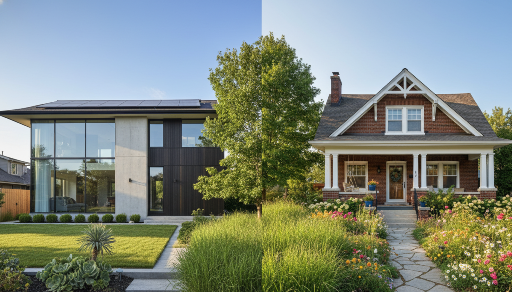 A split-scene image depicting the contrasts between new and old homes in the USA. In the foreground, on the left, a modern, sleek home with large windows, solar panels, and a manicured yard, showcasing contemporary design with clean lines. On the right, a classic brick bungalow with a welcoming porch, vintage woodwork, and vibrant floral landscaping, representing traditional architecture. In the middle ground, a subtle transition area where lush greenery separates the two styles. The background features a clear blue sky, with warm, soft lighting that creates an inviting atmosphere. A slight tilt angle emphasizes the differences, while maintaining a balanced composition. The overall mood is one of harmony in diversity, reflecting the unique characteristics of both home types. A split-scene image depicting the contrasts between new and old homes in the USA. In the foreground, on the left, a modern, sleek home with large windows, solar panels, and a manicured yard, showcasing contemporary design with clean lines. On the right, a classic brick bungalow with a welcoming porch, vintage woodwork, and vibrant floral landscaping, representing traditional architecture. In the middle ground, a subtle transition area where lush greenery separates the two styles. The background features a clear blue sky, with warm, soft lighting that creates an inviting atmosphere. A slight tilt angle emphasizes the differences, while maintaining a balanced composition. The overall mood is one of harmony in diversity, reflecting the unique characteristics of both home types.