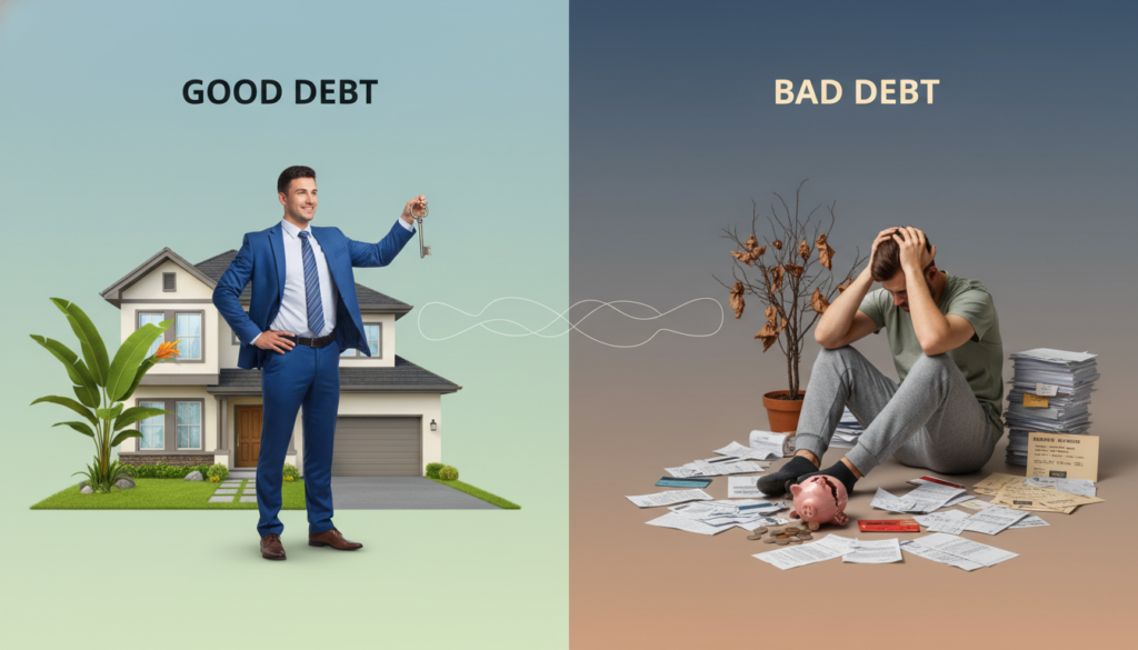 A split-screen illustration featuring the concepts of "Good Debt" on the left and "Bad Debt" on the right. In the foreground, depict a confident person in business attire holding a home key and standing near a house on the left, symbolizing good debt. To the right, show a frustrated individual in casual clothing surrounded by bills and a broken piggy bank, representing bad debt. In the middle ground, use visually contrasting elements, such as a plant blooming next to the house, and withering leaves next to the bills, to symbolize growth versus decay. In the background, employ soft, balanced lighting to create a professional and informative mood. Focus on a clear visual division between the two sides to effectively convey the theme. A split-screen illustration featuring the concepts of "Good Debt" on the left and "Bad Debt" on the right. In the foreground, depict a confident person in business attire holding a home key and standing near a house on the left, symbolizing good debt. To the right, show a frustrated individual in casual clothing surrounded by bills and a broken piggy bank, representing bad debt. In the middle ground, use visually contrasting elements, such as a plant blooming next to the house, and withering leaves next to the bills, to symbolize growth versus decay. In the background, employ soft, balanced lighting to create a professional and informative mood. Focus on a clear visual division between the two sides to effectively convey the theme.