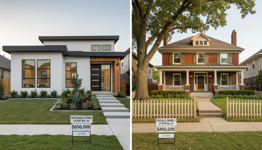 A split-screen image illustrating the comparative initial purchase prices of new build homes versus resale properties in the USA. In the foreground, depict a modern new build home with sleek architecture, vibrant landscaping, and a 'For Sale' sign in the yard, showcasing its appealing features. In the middle ground, feature a charming, older resale home, with a well-maintained yard and traditional architecture, accompanied by a similar 'For Sale' sign. In the background, create a suburban neighborhood setting, bathed in warm, natural light during golden hour for a welcoming atmosphere. Use a slightly elevated angle to capture both properties effectively, emphasizing the contrast between the two types of housing in a clear, informative manner. A split-screen image illustrating the comparative initial purchase prices of new build homes versus resale properties in the USA. In the foreground, depict a modern new build home with sleek architecture, vibrant landscaping, and a 'For Sale' sign in the yard, showcasing its appealing features. In the middle ground, feature a charming, older resale home, with a well-maintained yard and traditional architecture, accompanied by a similar 'For Sale' sign. In the background, create a suburban neighborhood setting, bathed in warm, natural light during golden hour for a welcoming atmosphere. Use a slightly elevated angle to capture both properties effectively, emphasizing the contrast between the two types of housing in a clear, informative manner.