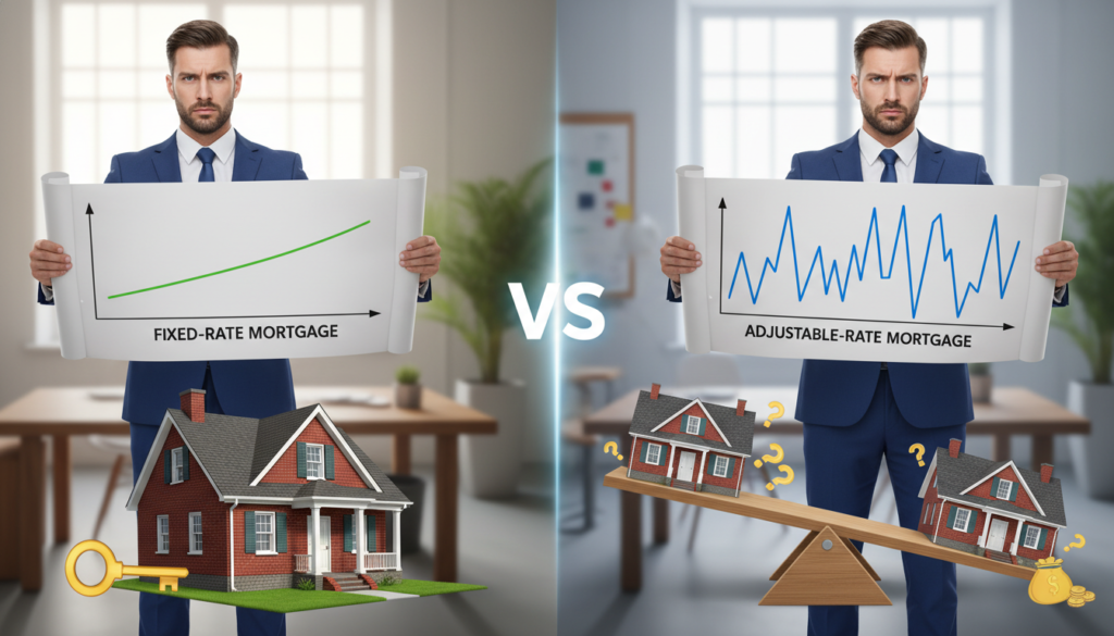A split-screen image illustrating the concept of "Fixed-rate vs Adjustable-rate Mortgage." In the foreground, a professional individual in business attire is examining two large drawings, one depicting a fixed-rate mortgage (a steady, stable graph with a smooth line) and the other illustrating an adjustable-rate mortgage (a fluctuating graph with ups and downs). In the middle layer, distinct visual elements represent each mortgage type, like a house with a secure foundation for fixed-rate and a home on a seesaw for adjustable-rate, symbolizing stability versus variability. The background features a soft-focus office setting with natural light streaming through a window, creating a calm and analytical atmosphere. The mood reflects informed decision-making, emphasizing clarity and understanding in mortgage choices. A split-screen image illustrating the concept of "Fixed-rate vs Adjustable-rate Mortgage." In the foreground, a professional individual in business attire is examining two large drawings, one depicting a fixed-rate mortgage (a steady, stable graph with a smooth line) and the other illustrating an adjustable-rate mortgage (a fluctuating graph with ups and downs). In the middle layer, distinct visual elements represent each mortgage type, like a house with a secure foundation for fixed-rate and a home on a seesaw for adjustable-rate, symbolizing stability versus variability. The background features a soft-focus office setting with natural light streaming through a window, creating a calm and analytical atmosphere. The mood reflects informed decision-making, emphasizing clarity and understanding in mortgage choices.