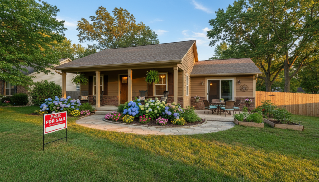 A sunny suburban neighborhood scene showcasing a charming single-family home with a 'For Sale' sign in the front yard. In the foreground, a well-manicured lawn with vibrant flowers, and a pathway leading to the entrance. In the middle, the house features a welcoming porch with a front door slightly ajar, inviting potential buyers. The backyard is visible with a cozy patio set and a small garden. The background includes trees swaying gently in the breeze and a clear blue sky, creating a sense of warmth and tranquility. Soft, golden hour lighting enhances the inviting atmosphere, while the angle captures the essence of a serene family-oriented community. The mood evokes optimism and eagerness for a new beginning. A sunny suburban neighborhood scene showcasing a charming single-family home with a 'For Sale' sign in the front yard. In the foreground, a well-manicured lawn with vibrant flowers, and a pathway leading to the entrance. In the middle, the house features a welcoming porch with a front door slightly ajar, inviting potential buyers. The backyard is visible with a cozy patio set and a small garden. The background includes trees swaying gently in the breeze and a clear blue sky, creating a sense of warmth and tranquility. Soft, golden hour lighting enhances the inviting atmosphere, while the angle captures the essence of a serene family-oriented community. The mood evokes optimism and eagerness for a new beginning.