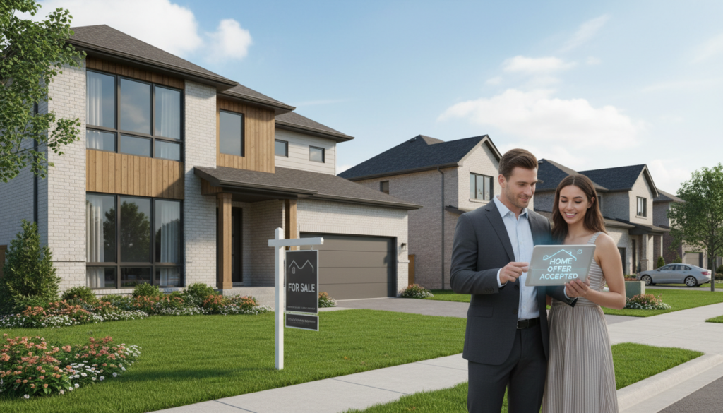 A sunny suburban street scene showcasing a modern home in the foreground, featuring a well-manicured lawn and a “For Sale” sign outside. In the middle ground, a professional real estate agent, dressed in a tailored suit, is discussing a digital tablet with a couple in smart casual attire, displaying a home offer. The background includes a clear blue sky with soft white clouds and neighboring houses, contributing to a welcoming atmosphere. Natural daylight illuminates the scene, enhancing the vibrant colors of the home and garden while creating soft shadows. The image should evoke a sense of trust and professionalism, ideal for illustrating the concept of selling a house quickly through expert services. A sunny suburban street scene showcasing a modern home in the foreground, featuring a well-manicured lawn and a “For Sale” sign outside. In the middle ground, a professional real estate agent, dressed in a tailored suit, is discussing a digital tablet with a couple in smart casual attire, displaying a home offer. The background includes a clear blue sky with soft white clouds and neighboring houses, contributing to a welcoming atmosphere. Natural daylight illuminates the scene, enhancing the vibrant colors of the home and garden while creating soft shadows. The image should evoke a sense of trust and professionalism, ideal for illustrating the concept of selling a house quickly through expert services.