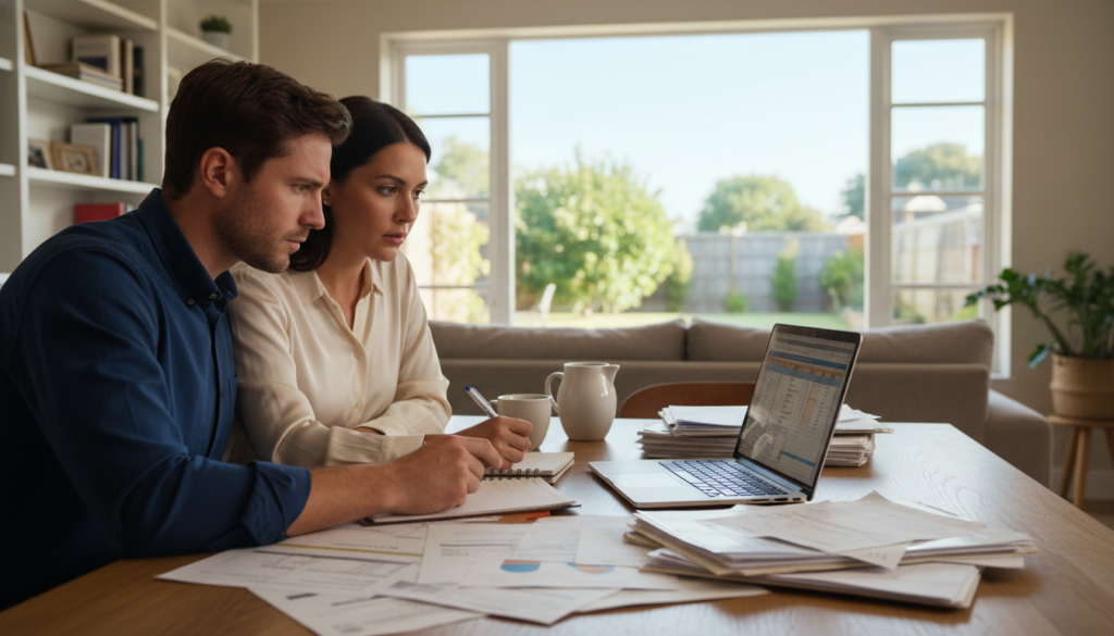 A thoughtful couple sitting at a dining table covered with financial documents and a laptop, deep in discussion about their house budget. The man, dressed in a smart casual shirt, is pointing at a spreadsheet on the laptop, while the woman, wearing a professional blouse, is writing notes on a notebook beside her. The foreground captures their engaged expressions and the details of their paperwork. In the middle, a large window reveals a sunny backyard, adding natural light to the scene. The background features a cozy living room with tasteful decor, suggesting comfort and stability. The overall atmosphere conveys a sense of teamwork and careful planning, illuminated by warm, soft lighting to enhance the inviting environment. A thoughtful couple sitting at a dining table covered with financial documents and a laptop, deep in discussion about their house budget. The man, dressed in a smart casual shirt, is pointing at a spreadsheet on the laptop, while the woman, wearing a professional blouse, is writing notes on a notebook beside her. The foreground captures their engaged expressions and the details of their paperwork. In the middle, a large window reveals a sunny backyard, adding natural light to the scene. The background features a cozy living room with tasteful decor, suggesting comfort and stability. The overall atmosphere conveys a sense of teamwork and careful planning, illuminated by warm, soft lighting to enhance the inviting environment.