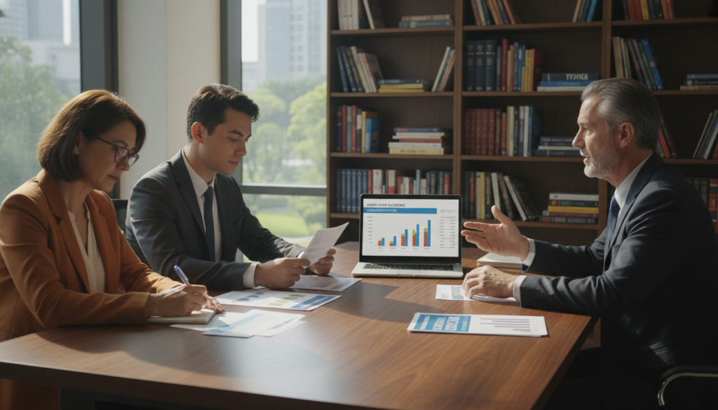 A tranquil office setting depicting a professional consultation about conventional loans for homebuyers. In the foreground, a diverse group of three individuals in business attire — a middle-aged woman with glasses taking notes, a young man reviewing documents, and an older man gesturing while speaking. The middle area features a polished wooden table with mortgage brochures and a laptop open, displaying graphs and figures. The background includes shelves lined with books on finance, and a large window letting in soft, natural light, casting gentle shadows. The atmosphere is collaborative and focused, conveying trust and professionalism, with a warm color palette designed to inspire confidence. A tranquil office setting depicting a professional consultation about conventional loans for homebuyers. In the foreground, a diverse group of three individuals in business attire — a middle-aged woman with glasses taking notes, a young man reviewing documents, and an older man gesturing while speaking. The middle area features a polished wooden table with mortgage brochures and a laptop open, displaying graphs and figures. The background includes shelves lined with books on finance, and a large window letting in soft, natural light, casting gentle shadows. The atmosphere is collaborative and focused, conveying trust and professionalism, with a warm color palette designed to inspire confidence.