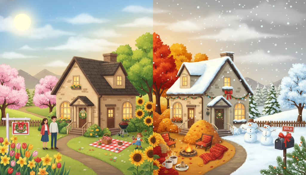 A vibrant and harmonious illustration showcasing the seasonal trends of spring, summer, fall, and winter, as they relate to the theme of selling a house. In the foreground, depict a charming house with a flower garden in full bloom for spring, bright sunflowers and a picnic setup for summer, colorful autumn leaves with a cozy outdoor setting for fall, and snowmen and winter decorations for winter. The middle ground features distinctly changing trees and landscapes that transition smoothly from one season to the next. In the background, a clear sky transitions from sunny blue to cloudy winter grey, evoking the feeling of each season. Use warm, inviting lighting to create a sense of home and comfort, showcasing the appeal of selling a home throughout the year. Capture the scene from a slightly elevated angle to encompass all seasonal elements cohesively. A vibrant and harmonious illustration showcasing the seasonal trends of spring, summer, fall, and winter, as they relate to the theme of selling a house. In the foreground, depict a charming house with a flower garden in full bloom for spring, bright sunflowers and a picnic setup for summer, colorful autumn leaves with a cozy outdoor setting for fall, and snowmen and winter decorations for winter. The middle ground features distinctly changing trees and landscapes that transition smoothly from one season to the next. In the background, a clear sky transitions from sunny blue to cloudy winter grey, evoking the feeling of each season. Use warm, inviting lighting to create a sense of home and comfort, showcasing the appeal of selling a home throughout the year. Capture the scene from a slightly elevated angle to encompass all seasonal elements cohesively.