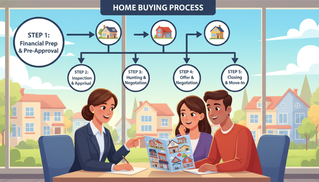 A vibrant and informative illustration of the "Home Buying Process" journey, featuring a diverse group of people in a modern, well-lit office setting. In the foreground, a real estate agent in professional attire is showing a couple a colorful, detailed brochure with images of houses. In the middle ground, a large wall-mounted infographic outlines key steps in the buying process, with arrows connecting each stage, such as “Pre-Approval,” “House Hunting,” and “Closing.” In the background, large windows showcase a bright blue sky and a neighborhood filled with homes. The mood is optimistic and collaborative, with warm lighting enhancing the positive atmosphere and inviting professionalism. The composition is a balanced mix of human interaction and educational content, suitable for beginners. A vibrant and informative illustration of the "Home Buying Process" journey, featuring a diverse group of people in a modern, well-lit office setting. In the foreground, a real estate agent in professional attire is showing a couple a colorful, detailed brochure with images of houses. In the middle ground, a large wall-mounted infographic outlines key steps in the buying process, with arrows connecting each stage, such as “Pre-Approval,” “House Hunting,” and “Closing.” In the background, large windows showcase a bright blue sky and a neighborhood filled with homes. The mood is optimistic and collaborative, with warm lighting enhancing the positive atmosphere and inviting professionalism. The composition is a balanced mix of human interaction and educational content, suitable for beginners.