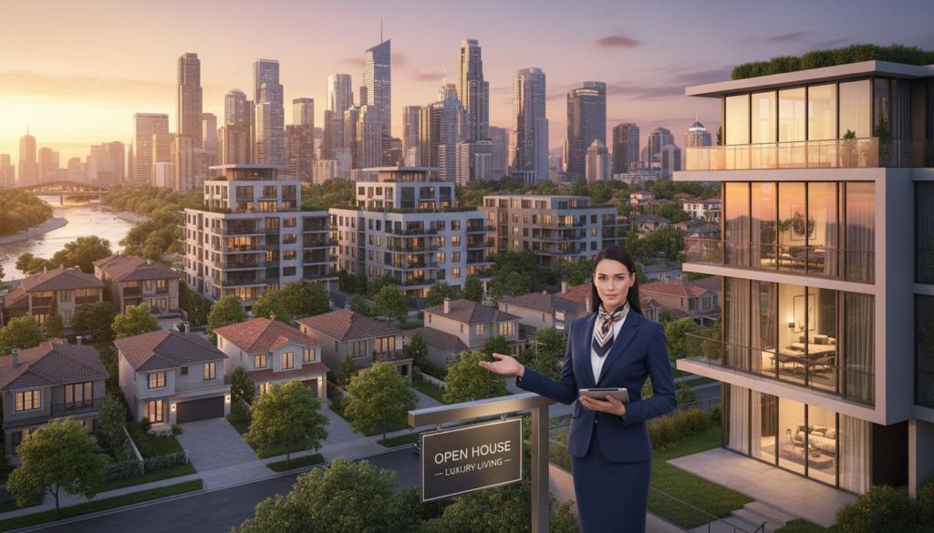 A vibrant cityscape at dusk showcasing a diverse real estate market. In the foreground, a well-dressed real estate agent stands confidently next to a modern open house sign, gesturing towards a luxurious property with large windows. In the middle ground, a mix of contemporary apartments and suburban homes reflect upscale and investment-worthy living options. The background features a skyline of tall buildings glimmering under the last rays of the setting sun, with a few trees lining the street, adding greenery. Capture warm, inviting lighting to create an optimistic atmosphere, highlighting the potential for smart investments. Use a wide-angle lens to encompass the dynamic urban scene, ensuring clarity and depth in the details of the buildings and the agent's professional attire. A vibrant cityscape at dusk showcasing a diverse real estate market. In the foreground, a well-dressed real estate agent stands confidently next to a modern open house sign, gesturing towards a luxurious property with large windows. In the middle ground, a mix of contemporary apartments and suburban homes reflect upscale and investment-worthy living options. The background features a skyline of tall buildings glimmering under the last rays of the setting sun, with a few trees lining the street, adding greenery. Capture warm, inviting lighting to create an optimistic atmosphere, highlighting the potential for smart investments. Use a wide-angle lens to encompass the dynamic urban scene, ensuring clarity and depth in the details of the buildings and the agent's professional attire.