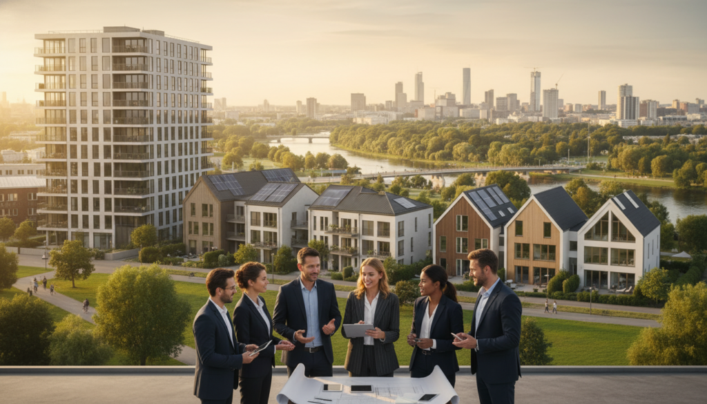 A vibrant cityscape showcasing the impact of demographic shifts on the real estate market, with a foreground featuring a diverse group of people in professional business attire discussing plans for housing development. In the middle, display modern residential buildings with different architectural styles representing various community needs, like multi-family units and single-family homes. The background should show a bustling urban setting with trees and parks, emphasizing a balance between city life and nature. Use warm, inviting daylight to create an optimistic atmosphere, capturing the essence of growth and change. The scene should convey a sense of collaboration and forward-thinking in the housing market, highlighting the evolving demands of different demographics. A vibrant cityscape showcasing the impact of demographic shifts on the real estate market, with a foreground featuring a diverse group of people in professional business attire discussing plans for housing development. In the middle, display modern residential buildings with different architectural styles representing various community needs, like multi-family units and single-family homes. The background should show a bustling urban setting with trees and parks, emphasizing a balance between city life and nature. Use warm, inviting daylight to create an optimistic atmosphere, capturing the essence of growth and change. The scene should convey a sense of collaboration and forward-thinking in the housing market, highlighting the evolving demands of different demographics.