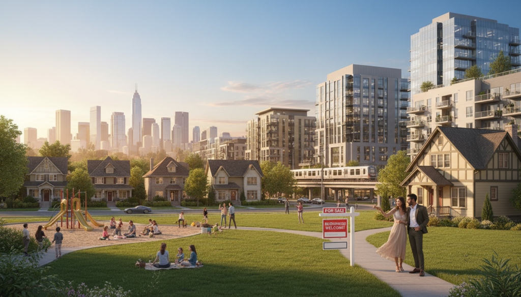 A vibrant real estate landscape showcasing a mix of residential and commercial properties in a suburban setting. In the foreground, include a well-manicured park with families enjoying the outdoors and a well-dressed couple examining a "For Sale" sign. The middle ground features diverse architecture, from quaint single-family homes to modern office buildings, reflecting various investment opportunities. In the background, a skyline of city buildings under a clear blue sky, symbolizing urban potential. Use warm, inviting lighting to create an optimistic mood, with a slight golden hour glow. Capture the scene with a wide-angle lens, emphasizing depth and a sense of community, ideal for beginners exploring the real estate market in the USA. A vibrant real estate landscape showcasing a mix of residential and commercial properties in a suburban setting. In the foreground, include a well-manicured park with families enjoying the outdoors and a well-dressed couple examining a "For Sale" sign. The middle ground features diverse architecture, from quaint single-family homes to modern office buildings, reflecting various investment opportunities. In the background, a skyline of city buildings under a clear blue sky, symbolizing urban potential. Use warm, inviting lighting to create an optimistic mood, with a slight golden hour glow. Capture the scene with a wide-angle lens, emphasizing depth and a sense of community, ideal for beginners exploring the real estate market in the USA.