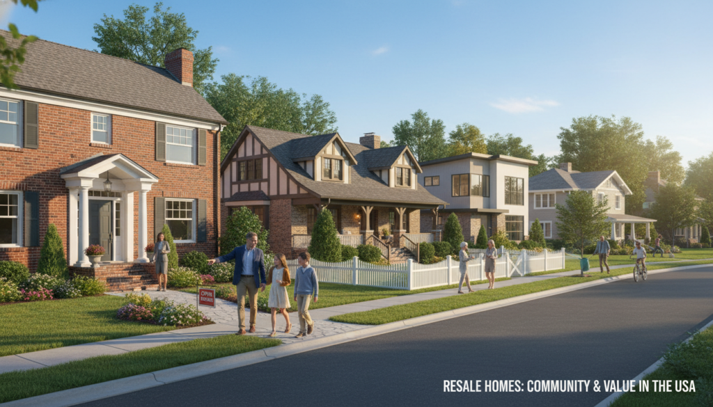 A vibrant suburban landscape depicting a diverse neighborhood, showcasing several beautifully maintained resale homes with varying architectural styles—such as Colonial, Craftsman, and modern influences. In the foreground, a family of four, dressed in professional business attire, is happily exploring an open house, examining the well-kept garden and exterior features. In the middle ground, friendly neighbors are engaging in conversation, enhancing the sense of community. The background features a clear blue sky with soft, warm sunlight illuminating the scene, evoking a welcoming and positive atmosphere. The perspective is slightly elevated, capturing both the charm of the homes and the inviting nature of the neighborhood to illustrate the advantages of the resale home market in the USA. A vibrant suburban landscape depicting a diverse neighborhood, showcasing several beautifully maintained resale homes with varying architectural styles—such as Colonial, Craftsman, and modern influences. In the foreground, a family of four, dressed in professional business attire, is happily exploring an open house, examining the well-kept garden and exterior features. In the middle ground, friendly neighbors are engaging in conversation, enhancing the sense of community. The background features a clear blue sky with soft, warm sunlight illuminating the scene, evoking a welcoming and positive atmosphere. The perspective is slightly elevated, capturing both the charm of the homes and the inviting nature of the neighborhood to illustrate the advantages of the resale home market in the USA.