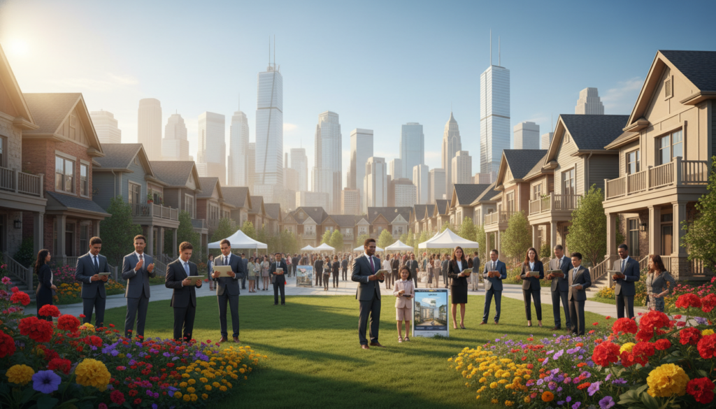 A vibrant urban landscape showcasing diverse housing options. In the foreground, a neatly organized row of contemporary single-family homes with well-kept lawns and colorful flower beds. In the middle ground, a bustling neighborhood scene with families and individuals of various backgrounds, all dressed in professional business attire, engaging in conversation and looking at property listings on tablets. The background features a city skyline, enhancing the suburban feel while hinting at the market trends. The lighting is bright and inviting, suggesting a sunny afternoon, with soft shadows cast by the houses. Use a wide-angle perspective to convey depth and a sense of community. The mood is optimistic and engaging, reflecting an upward trend in the housing market. A vibrant urban landscape showcasing diverse housing options. In the foreground, a neatly organized row of contemporary single-family homes with well-kept lawns and colorful flower beds. In the middle ground, a bustling neighborhood scene with families and individuals of various backgrounds, all dressed in professional business attire, engaging in conversation and looking at property listings on tablets. The background features a city skyline, enhancing the suburban feel while hinting at the market trends. The lighting is bright and inviting, suggesting a sunny afternoon, with soft shadows cast by the houses. Use a wide-angle perspective to convey depth and a sense of community. The mood is optimistic and engaging, reflecting an upward trend in the housing market.