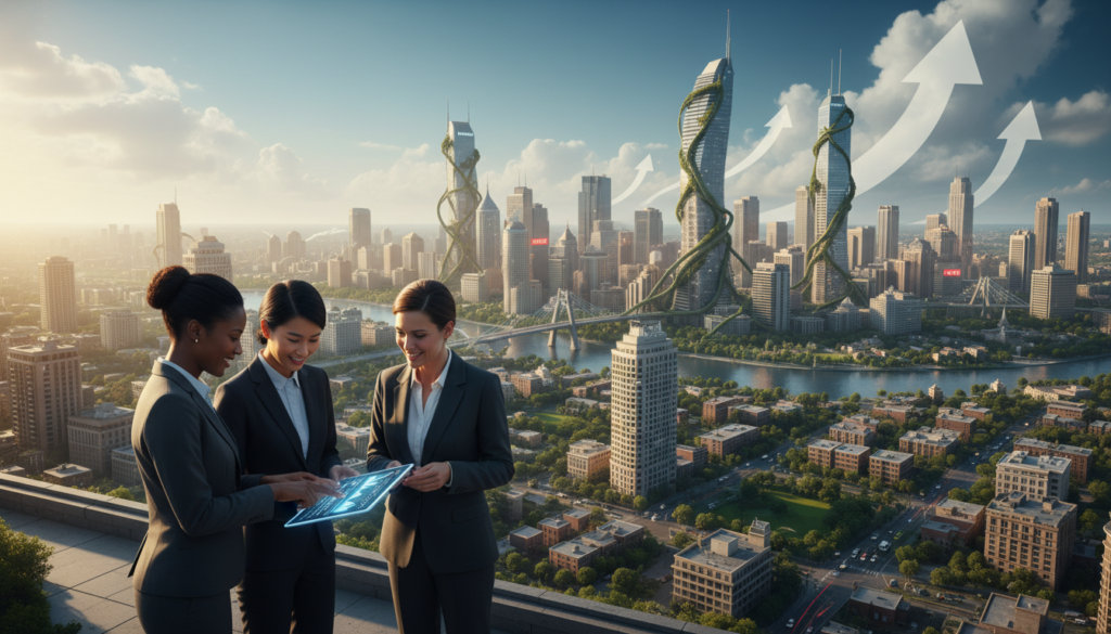 A vibrant urban scene depicting the real estate market as a living organism. In the foreground, a diverse group of three professionals in smart business attire engage in a discussion, examining a tablet showing market trends. The middle ground showcases a bustling cityscape with modern skyscrapers, residential homes, and green spaces, illustrating the dynamic nature of the real estate environment. In the background, a clear blue sky transitions to soft clouds, symbolizing hope and potential growth. The lighting is warm and inviting, casting long shadows, creating a lively atmosphere. Use a wide-angle lens to capture the broad landscape, emphasizing the interconnectedness of factors influencing the market, while portraying a sense of movement and life that reflects the themes of change and responsiveness. A vibrant urban scene depicting the real estate market as a living organism. In the foreground, a diverse group of three professionals in smart business attire engage in a discussion, examining a tablet showing market trends. The middle ground showcases a bustling cityscape with modern skyscrapers, residential homes, and green spaces, illustrating the dynamic nature of the real estate environment. In the background, a clear blue sky transitions to soft clouds, symbolizing hope and potential growth. The lighting is warm and inviting, casting long shadows, creating a lively atmosphere. Use a wide-angle lens to capture the broad landscape, emphasizing the interconnectedness of factors influencing the market, while portraying a sense of movement and life that reflects the themes of change and responsiveness.