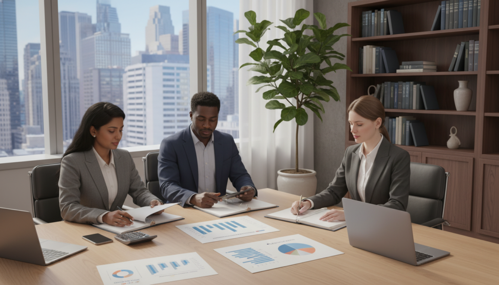 A visual representation of understanding the mortgage application process in the USA. In the foreground, a diverse group of three professionals, wearing smart business attire, sit at a modern conference table, reviewing mortgage documents. On the table, there are laptops, calculators, and colorful charts depicting loan options and interest rates. In the middle ground, an elegant bookshelf filled with financial books and a potted plant adds warmth. The background features a large window allowing natural light to pour in, revealing a city skyline. The lighting is bright and inviting, creating an atmosphere of collaboration and professionalism. The overall tone is informative and encouraging, suitable for an article on navigating the mortgage application process. A visual representation of understanding the mortgage application process in the USA. In the foreground, a diverse group of three professionals, wearing smart business attire, sit at a modern conference table, reviewing mortgage documents. On the table, there are laptops, calculators, and colorful charts depicting loan options and interest rates. In the middle ground, an elegant bookshelf filled with financial books and a potted plant adds warmth. The background features a large window allowing natural light to pour in, revealing a city skyline. The lighting is bright and inviting, creating an atmosphere of collaboration and professionalism. The overall tone is informative and encouraging, suitable for an article on navigating the mortgage application process.
