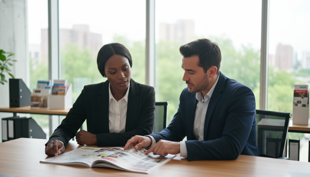A visually appealing and informative scene illustrating "How to Use a Real Estate Listings Guide USA Effectively." In the foreground, a diverse group of two professionals—one Black woman and one Hispanic man—are discussing a colorful real estate guide opened on a modern, polished wooden table. They are dressed in professional business attire, conveying a sense of determination and collaboration. The background features a bright, airy office space with large windows allowing natural light to flood the room. On bookshelves, sleek folders and property brochures are organized neatly. The atmosphere is energetic and focused, with soft-focus greenery visible outside the windows. The composition is balanced, shot from a slightly elevated angle to capture the interaction and guide clearly in detail, promoting a productive and engaging mood. A visually appealing and informative scene illustrating "How to Use a Real Estate Listings Guide USA Effectively." In the foreground, a diverse group of two professionals—one Black woman and one Hispanic man—are discussing a colorful real estate guide opened on a modern, polished wooden table. They are dressed in professional business attire, conveying a sense of determination and collaboration. The background features a bright, airy office space with large windows allowing natural light to flood the room. On bookshelves, sleek folders and property brochures are organized neatly. The atmosphere is energetic and focused, with soft-focus greenery visible outside the windows. The composition is balanced, shot from a slightly elevated angle to capture the interaction and guide clearly in detail, promoting a productive and engaging mood.