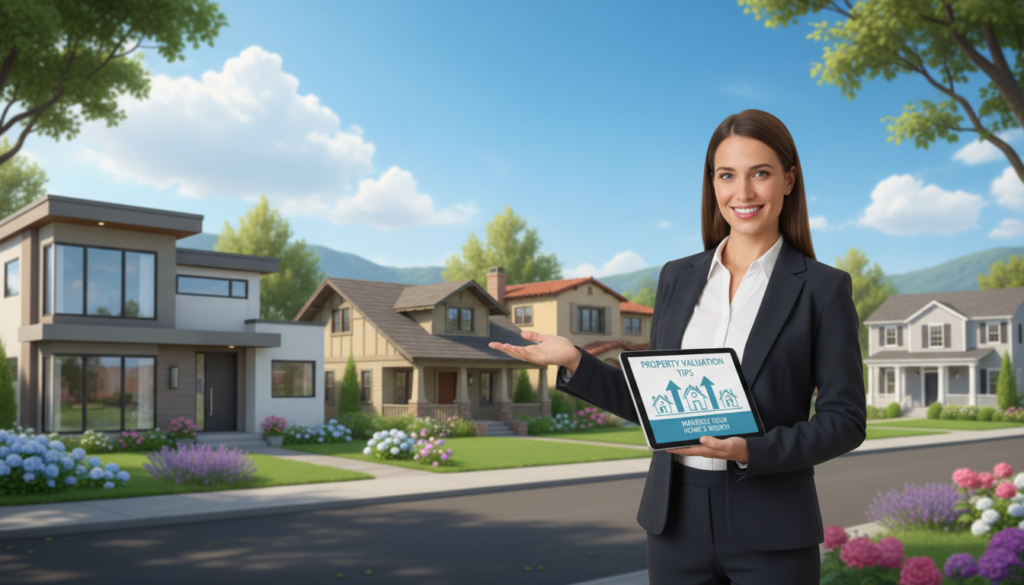 A visually compelling illustration of market value in real estate, showcasing a diverse selection of homes in an upscale neighborhood. In the foreground, a professional real estate agent, dressed in business attire, points to a digital tablet displaying property details. In the middle ground, various homes—ranging from modern two-story houses to charming bungalows—are nestled among well-manicured lawns and vibrant gardens. The background features a bright blue sky with fluffy clouds, symbolizing a prosperous market. Use soft, natural lighting to create a warm and inviting atmosphere, focusing on the agent and homes with a slight depth of field effect. The angle should be eye-level, capturing a sense of engagement and professionalism, while emphasizing the importance of property valuation tips for homeowners. A visually compelling illustration of market value in real estate, showcasing a diverse selection of homes in an upscale neighborhood. In the foreground, a professional real estate agent, dressed in business attire, points to a digital tablet displaying property details. In the middle ground, various homes—ranging from modern two-story houses to charming bungalows—are nestled among well-manicured lawns and vibrant gardens. The background features a bright blue sky with fluffy clouds, symbolizing a prosperous market. Use soft, natural lighting to create a warm and inviting atmosphere, focusing on the agent and homes with a slight depth of field effect. The angle should be eye-level, capturing a sense of engagement and professionalism, while emphasizing the importance of property valuation tips for homeowners.