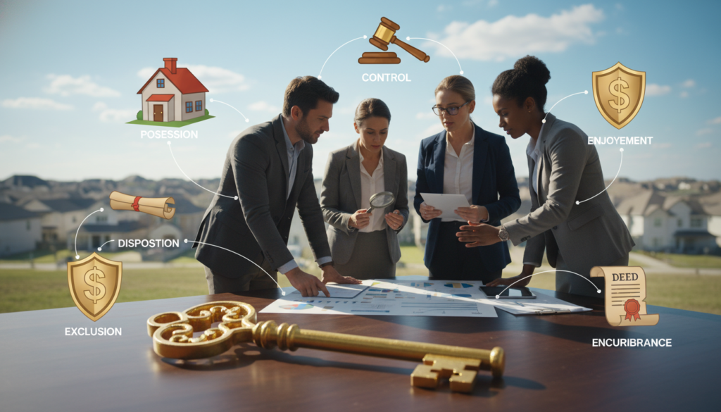 A visually compelling illustration of the "bundle of rights" in real estate, focusing on legal aspects of property ownership. In the foreground, depict a stylized representation of a large key, symbolizing ownership, surrounded by icons like a house, gavel, land deed, and shield, each representing various rights. The middle layer should feature a diverse group of four professionals in modest business attire, discussing and analyzing documents related to property rights, showcasing engagement and collaboration. In the background, a soft-focus landscape of suburban homes under a clear blue sky enhances the real estate theme. Utilize warm, natural lighting to create an inviting atmosphere. The angle should be slightly elevated, providing a comprehensive view of the scene while emphasizing the importance of understanding one's legal rights in real estate ownership. A visually compelling illustration of the "bundle of rights" in real estate, focusing on legal aspects of property ownership. In the foreground, depict a stylized representation of a large key, symbolizing ownership, surrounded by icons like a house, gavel, land deed, and shield, each representing various rights. The middle layer should feature a diverse group of four professionals in modest business attire, discussing and analyzing documents related to property rights, showcasing engagement and collaboration. In the background, a soft-focus landscape of suburban homes under a clear blue sky enhances the real estate theme. Utilize warm, natural lighting to create an inviting atmosphere. The angle should be slightly elevated, providing a comprehensive view of the scene while emphasizing the importance of understanding one's legal rights in real estate ownership.