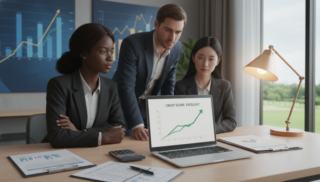 A visually compelling image representing a credit score assessment, with a clean and modern aesthetic. In the foreground, a diverse group of three individuals, dressed in professional business attire, are gathered around a laptop displaying an upward trending credit score graph. In the middle, financial documents such as credit reports and calculators are scattered, symbolizing thorough evaluation. In the background, a stylish office environment with abstract financial charts on the walls, soft lighting emanating from a desk lamp, and a window revealing a serene outdoor view. The atmosphere conveys focus and professionalism while emphasizing the importance of financial readiness in the home buying process. A visually compelling image representing a credit score assessment, with a clean and modern aesthetic. In the foreground, a diverse group of three individuals, dressed in professional business attire, are gathered around a laptop displaying an upward trending credit score graph. In the middle, financial documents such as credit reports and calculators are scattered, symbolizing thorough evaluation. In the background, a stylish office environment with abstract financial charts on the walls, soft lighting emanating from a desk lamp, and a window revealing a serene outdoor view. The atmosphere conveys focus and professionalism while emphasizing the importance of financial readiness in the home buying process.
