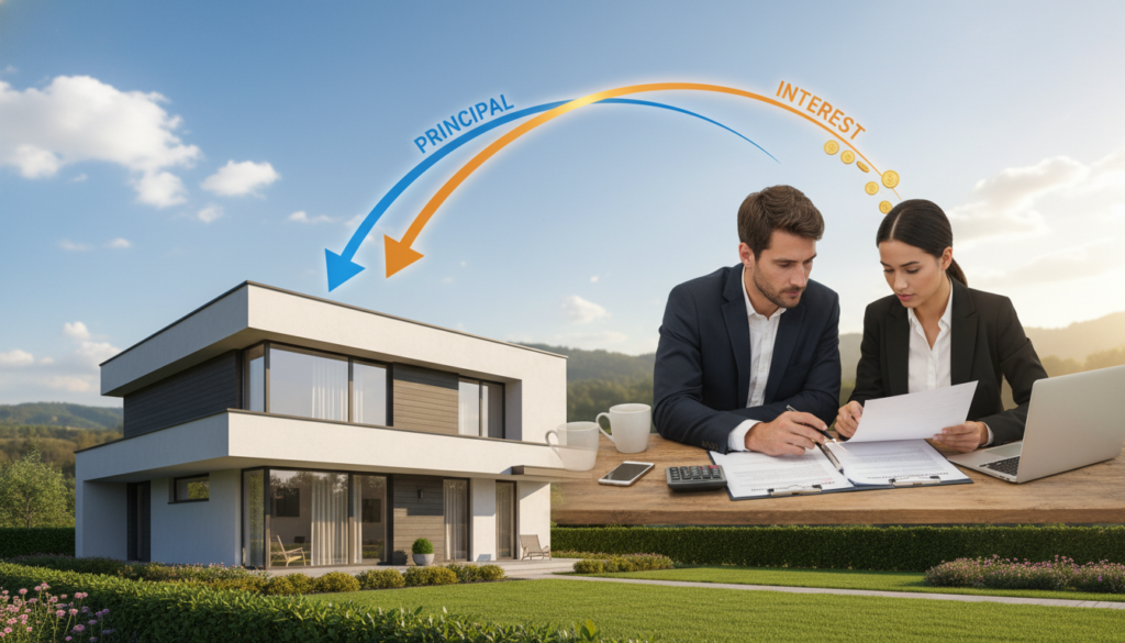 A visually compelling scene illustrating the concept of "principal and interest" in the context of a home loan. In the foreground, place a modern, stylish house symbolizing a dream home, with a lawn that shows signs of landscaping. In the middle ground, depict a diverse couple, dressed in professional business attire, reviewing mortgage documents at a wooden table, surrounded by a calculator, a laptop, and a coffee mug. The background should feature a sunny day with soft clouds and greenery, creating an optimistic atmosphere. The lighting should be warm and inviting, emphasizing the concept of home ownership and financial planning. Use a slightly blurred depth of field to direct focus on the couple and the house, creating a sense of hope and financial empowerment. A visually compelling scene illustrating the concept of "principal and interest" in the context of a home loan. In the foreground, place a modern, stylish house symbolizing a dream home, with a lawn that shows signs of landscaping. In the middle ground, depict a diverse couple, dressed in professional business attire, reviewing mortgage documents at a wooden table, surrounded by a calculator, a laptop, and a coffee mug. The background should feature a sunny day with soft clouds and greenery, creating an optimistic atmosphere. The lighting should be warm and inviting, emphasizing the concept of home ownership and financial planning. Use a slightly blurred depth of field to direct focus on the couple and the house, creating a sense of hope and financial empowerment.