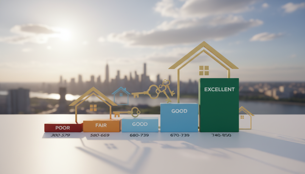 A visually engaging illustration depicting credit score ranges, designed for a section on understanding credit needed for a mortgage. In the foreground, display a simplified, colorful bar graph representing the various credit score ranges—excellent, good, fair, and poor—using distinct colors for each category. The middle ground showcases abstract icons symbolizing homeownership, such as a house silhouette and keys, subtly blending with the graph. In the background, use a soft-focus city skyline, symbolizing the American landscape. The scene is illuminated with soft, natural lighting to create a positive and hopeful mood. Capture the image with a slight upward angle to convey aspiration and potential, while ensuring it remains professional and informative, without any text or distractions. A visually engaging illustration depicting credit score ranges, designed for a section on understanding credit needed for a mortgage. In the foreground, display a simplified, colorful bar graph representing the various credit score ranges—excellent, good, fair, and poor—using distinct colors for each category. The middle ground showcases abstract icons symbolizing homeownership, such as a house silhouette and keys, subtly blending with the graph. In the background, use a soft-focus city skyline, symbolizing the American landscape. The scene is illuminated with soft, natural lighting to create a positive and hopeful mood. Capture the image with a slight upward angle to convey aspiration and potential, while ensuring it remains professional and informative, without any text or distractions.