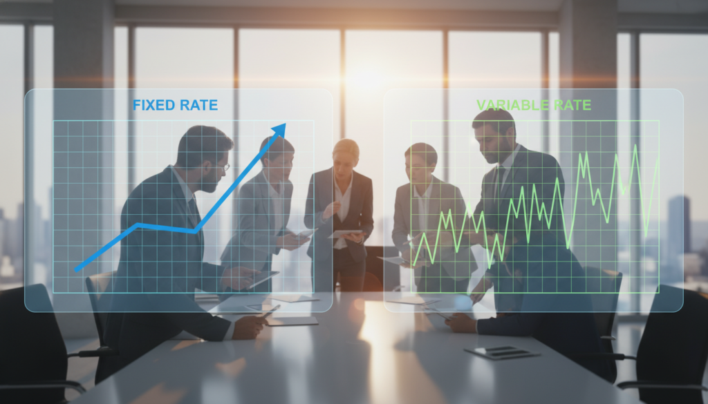 A visually engaging illustration depicting the concept of "Fixed vs Variable Rates" in a professional setting. In the foreground, two distinct charts: one representing fixed rates with a steady, upward line, and the other showing variable rates with fluctuating peaks and valleys. The middle layer should feature a sophisticated office environment with a diverse group of professionals in smart business attire, analyzing the charts together. The background includes a sleek modern office with large windows, letting in warm, natural light. Use a slightly elevated angle to capture the collaborative atmosphere, with soft focus highlights emphasizing the charts. The mood should be informative and focused, promoting an understanding of financial concepts. A visually engaging illustration depicting the concept of "Fixed vs Variable Rates" in a professional setting. In the foreground, two distinct charts: one representing fixed rates with a steady, upward line, and the other showing variable rates with fluctuating peaks and valleys. The middle layer should feature a sophisticated office environment with a diverse group of professionals in smart business attire, analyzing the charts together. The background includes a sleek modern office with large windows, letting in warm, natural light. Use a slightly elevated angle to capture the collaborative atmosphere, with soft focus highlights emphasizing the charts. The mood should be informative and focused, promoting an understanding of financial concepts.