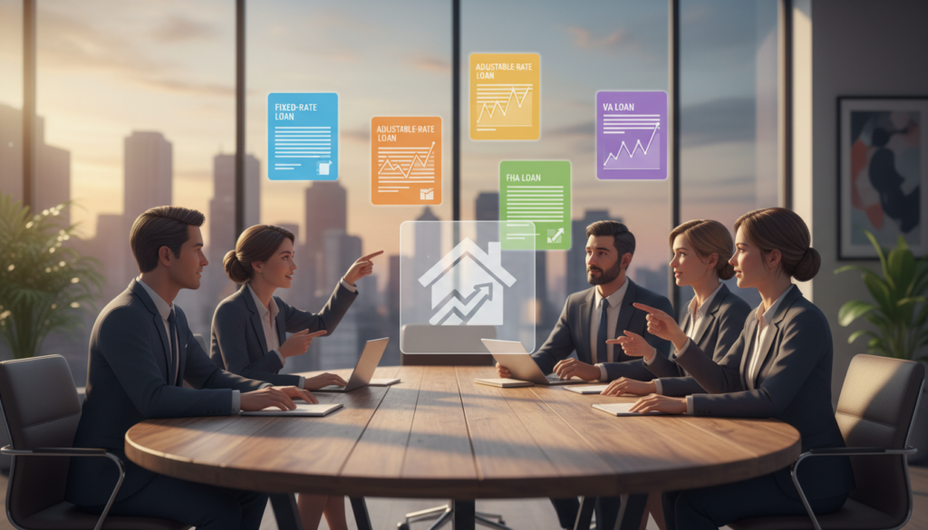 A visually engaging illustration depicting various home loan types. In the foreground, showcase a diverse group of individuals in professional business attire, looking over documents and discussing mortgage options around a modern conference table. In the middle ground, display an assortment of stylized mortgage documents and charts highlighting different loan types—fixed-rate, adjustable-rate, FHA, and VA loans. The background features a contemporary office environment with large windows allowing natural light to flood the space, softly illuminating the scene. Use a shallow depth of field to emphasize the group while subtly blurring the background, creating a focused yet serene atmosphere. The overall mood should convey professionalism, collaboration, and clarity in understanding mortgage options. A visually engaging illustration depicting various home loan types. In the foreground, showcase a diverse group of individuals in professional business attire, looking over documents and discussing mortgage options around a modern conference table. In the middle ground, display an assortment of stylized mortgage documents and charts highlighting different loan types—fixed-rate, adjustable-rate, FHA, and VA loans. The background features a contemporary office environment with large windows allowing natural light to flood the space, softly illuminating the scene. Use a shallow depth of field to emphasize the group while subtly blurring the background, creating a focused yet serene atmosphere. The overall mood should convey professionalism, collaboration, and clarity in understanding mortgage options.