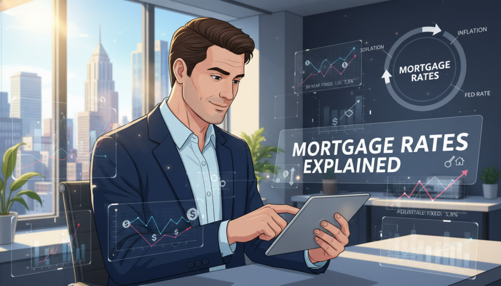 A visually engaging illustration of mortgage rates explained, featuring a professional-looking person in business attire analyzing financial charts and graphs on a digital tablet. In the foreground, the individual is focused, with a backdrop of dynamic financial visuals like fluctuating line graphs, percentages, and symbols representing interest rates. In the middle, a modern office environment with a large window allowing natural light to stream in, creating a bright and productive atmosphere. The background includes a city skyline, symbolizing the American real estate market. The image captures a sense of clarity and understanding, inviting viewers to grasp complex financial concepts with ease while maintaining a polished, sophisticated tone. A visually engaging illustration of mortgage rates explained, featuring a professional-looking person in business attire analyzing financial charts and graphs on a digital tablet. In the foreground, the individual is focused, with a backdrop of dynamic financial visuals like fluctuating line graphs, percentages, and symbols representing interest rates. In the middle, a modern office environment with a large window allowing natural light to stream in, creating a bright and productive atmosphere. The background includes a city skyline, symbolizing the American real estate market. The image captures a sense of clarity and understanding, inviting viewers to grasp complex financial concepts with ease while maintaining a polished, sophisticated tone.