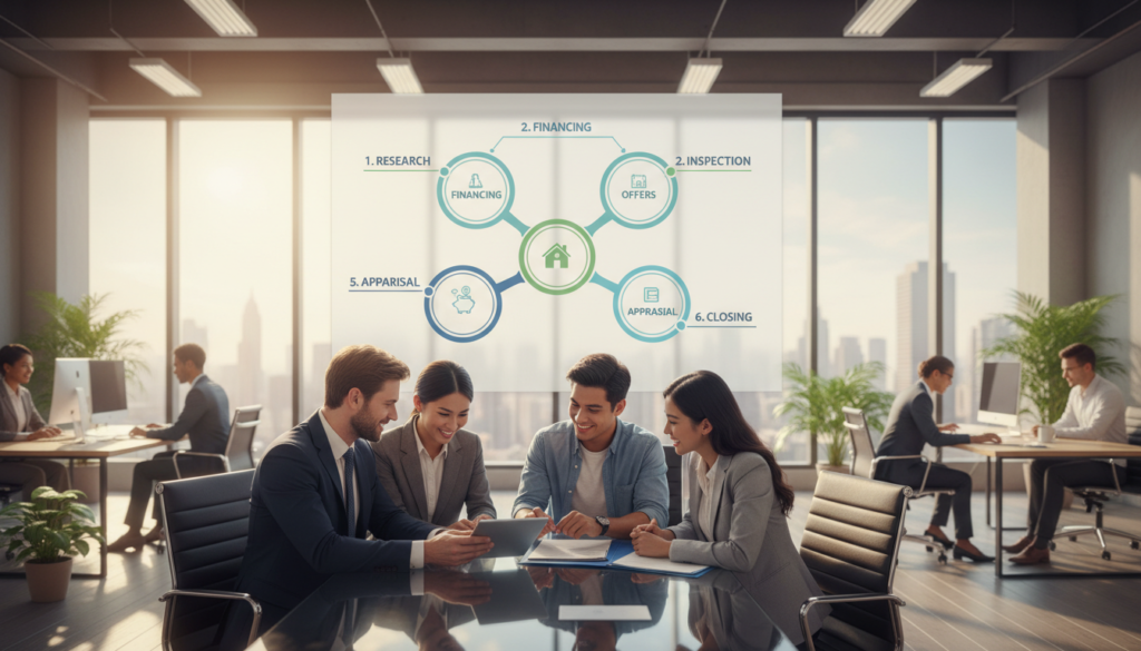A visually engaging illustration of the "home sale steps" process, showcasing a diverse group of professionals in a modern office setting. In the foreground, depict a well-dressed real estate agent discussing documents with potential homebuyers, who appear enthusiastic and engaged. In the middle ground, display a large wall chart outlining the buying process with clear, visually appealing steps such as "Research," "Financing," and "Closing." The background features a bright office with large windows, letting in natural light that creates a warm and inviting atmosphere. Use a wide-angle lens to capture the collaborative energy in the room, emphasizing a sense of teamwork and professionalism. The overall mood should be informative yet inviting, reflecting a successful property buying journey. A visually engaging illustration of the "home sale steps" process, showcasing a diverse group of professionals in a modern office setting. In the foreground, depict a well-dressed real estate agent discussing documents with potential homebuyers, who appear enthusiastic and engaged. In the middle ground, display a large wall chart outlining the buying process with clear, visually appealing steps such as "Research," "Financing," and "Closing." The background features a bright office with large windows, letting in natural light that creates a warm and inviting atmosphere. Use a wide-angle lens to capture the collaborative energy in the room, emphasizing a sense of teamwork and professionalism. The overall mood should be informative yet inviting, reflecting a successful property buying journey.