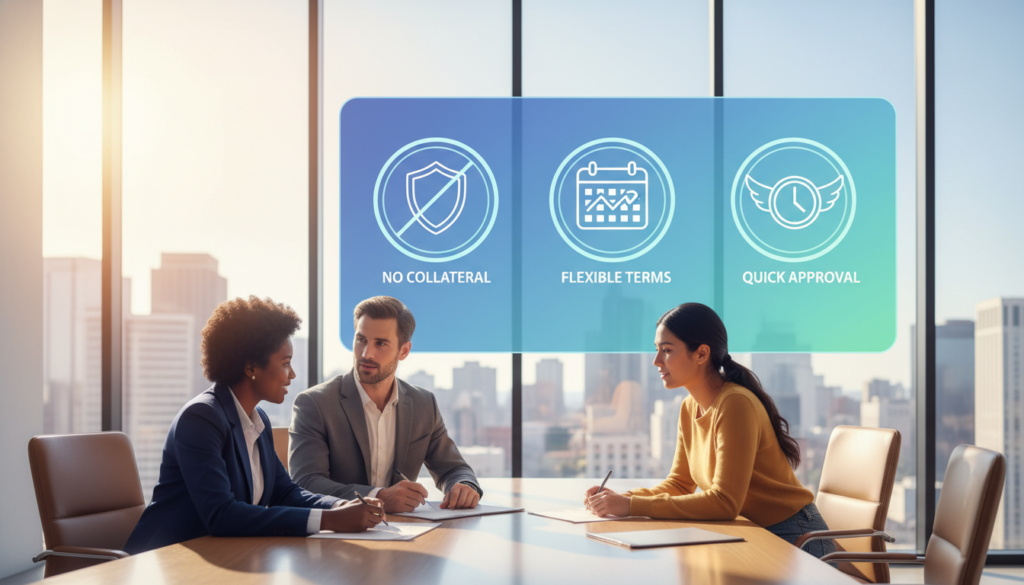 A visually engaging illustration representing the key benefits of unsecured personal loans, set in a modern financial office. In the foreground, a diverse group of three professionals — a Black woman and a Caucasian man in smart business attire, and a Hispanic woman casually dressed — gather around a sleek conference table, discussing financial documents. In the middle, a large digital screen displays key benefits in stylish icons, such as "No Collateral," "Flexible Terms," and "Quick Approval." In the background, large windows reveal a bright, bustling cityscape with sunlight streaming in, creating an optimistic atmosphere. The image should convey a sense of collaboration and empowerment in financial decision-making, captured with soft, natural lighting for a warm and inviting feel, using a wide-angle lens for depth. A visually engaging illustration representing the key benefits of unsecured personal loans, set in a modern financial office. In the foreground, a diverse group of three professionals — a Black woman and a Caucasian man in smart business attire, and a Hispanic woman casually dressed — gather around a sleek conference table, discussing financial documents. In the middle, a large digital screen displays key benefits in stylish icons, such as "No Collateral," "Flexible Terms," and "Quick Approval." In the background, large windows reveal a bright, bustling cityscape with sunlight streaming in, creating an optimistic atmosphere. The image should convey a sense of collaboration and empowerment in financial decision-making, captured with soft, natural lighting for a warm and inviting feel, using a wide-angle lens for depth.