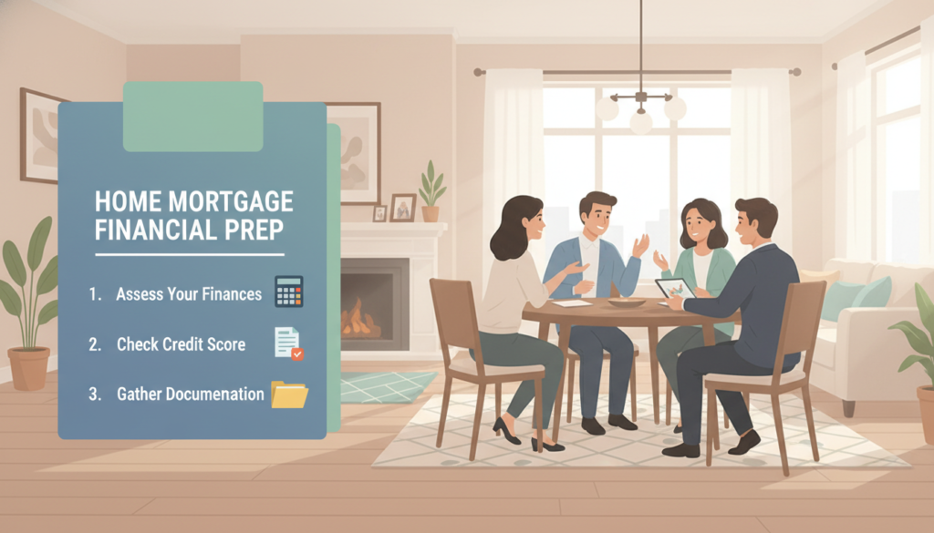 A visually engaging infographic-style illustration depicting the essential steps for financial preparation when obtaining a home mortgage in the USA. In the foreground, feature a checklist with clearly defined steps like "Assess Your Finances," "Check Credit Score," and "Gather Documentation," represented through icons such as a calculator, credit report, and file folder. In the middle ground, visualize a diverse group of individuals dressed in professional business attire, discussing the steps animatedly around a dining table. The background should include elements like a cozy, well-lit living room with a soft color palette, adding to the warm atmosphere. Use soft, natural lighting to create an inviting mood, capturing a sense of engagement and preparation for home ownership. A visually engaging infographic-style illustration depicting the essential steps for financial preparation when obtaining a home mortgage in the USA. In the foreground, feature a checklist with clearly defined steps like "Assess Your Finances," "Check Credit Score," and "Gather Documentation," represented through icons such as a calculator, credit report, and file folder. In the middle ground, visualize a diverse group of individuals dressed in professional business attire, discussing the steps animatedly around a dining table. The background should include elements like a cozy, well-lit living room with a soft color palette, adding to the warm atmosphere. Use soft, natural lighting to create an inviting mood, capturing a sense of engagement and preparation for home ownership.
