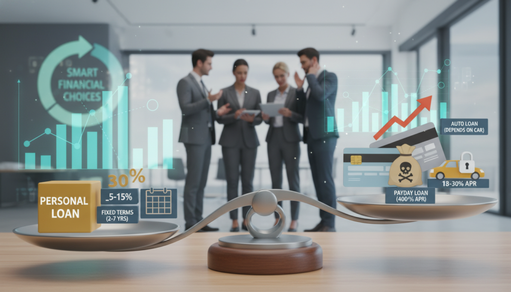 A visually engaging infographic-style image illustrating the comparison of a personal loan with other credit options. In the foreground, a balanced scale showcasing a personal loan on one side and credit cards, payday loans, and auto loans on the other, symbolizing their varying interest rates and repayment terms. The middle layer should feature a diverse group of professionals in business attire, discussing the scale, emphasizing analysis and comparison. The background can depict a modern office environment with a subtle financial theme, including abstract graphs and charts. Use soft, warm lighting to create an approachable atmosphere. Capture the scene from a slightly elevated angle for a comprehensive view, ensuring clarity and focus on the main elements without any text or distractions. A visually engaging infographic-style image illustrating the comparison of a personal loan with other credit options. In the foreground, a balanced scale showcasing a personal loan on one side and credit cards, payday loans, and auto loans on the other, symbolizing their varying interest rates and repayment terms. The middle layer should feature a diverse group of professionals in business attire, discussing the scale, emphasizing analysis and comparison. The background can depict a modern office environment with a subtle financial theme, including abstract graphs and charts. Use soft, warm lighting to create an approachable atmosphere. Capture the scene from a slightly elevated angle for a comprehensive view, ensuring clarity and focus on the main elements without any text or distractions.