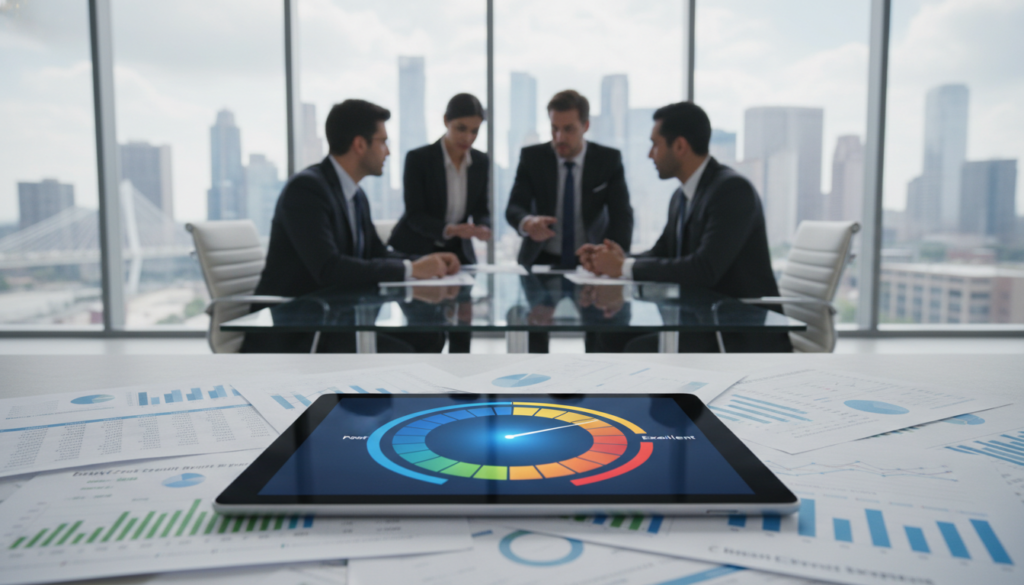A visually engaging representation of a credit score and financial history concept. In the foreground, a digital tablet displays a vibrant, colorful credit score gauge, with bars indicating varying levels of creditworthiness. Surrounding the tablet, scattered documents like bank statements and credit reports, showing graphs and numbers to emphasize financial history. The middle ground includes a diverse group of professional individuals in business attire, discussing strategies with focused expressions, framed by a modern office environment. The background features a blurred skyline, suggesting a bustling financial district. Use soft, professional lighting to highlight the subjects and create an optimistic atmosphere, with a slight depth of field to add focus on the foreground elements. A visually engaging representation of a credit score and financial history concept. In the foreground, a digital tablet displays a vibrant, colorful credit score gauge, with bars indicating varying levels of creditworthiness. Surrounding the tablet, scattered documents like bank statements and credit reports, showing graphs and numbers to emphasize financial history. The middle ground includes a diverse group of professional individuals in business attire, discussing strategies with focused expressions, framed by a modern office environment. The background features a blurred skyline, suggesting a bustling financial district. Use soft, professional lighting to highlight the subjects and create an optimistic atmosphere, with a slight depth of field to add focus on the foreground elements.