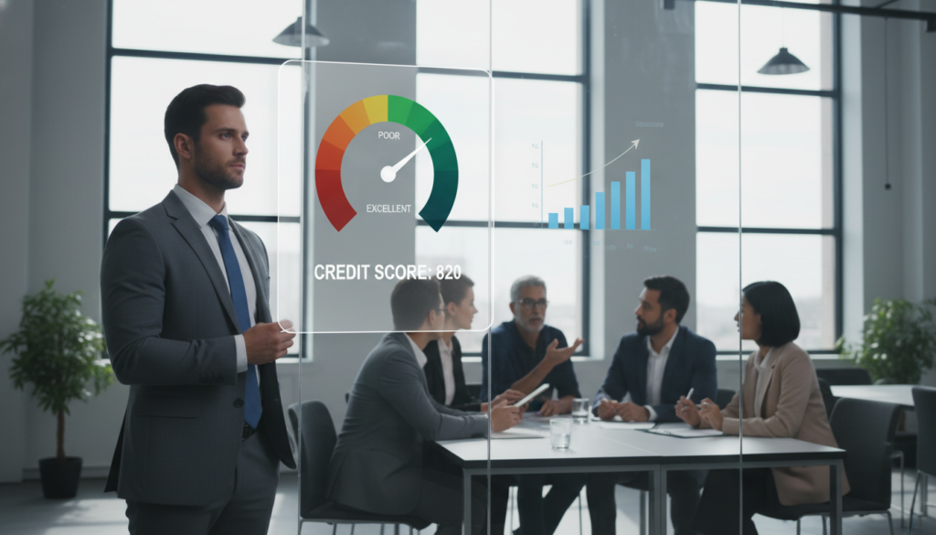 A visually engaging representation of a credit score concept. In the foreground, a professional individual dressed in smart business attire is analyzing a large digital display screen showing a colorful credit score gauge, with a range from poor to excellent highlighted. In the middle, a diverse group of people of various ethnicities and ages are engaged in a serious discussion about credit management, taking notes and pointing at charts. The background features a modern office environment, with sleek designs and soft natural lighting streaming through large windows, creating a transparent and motivating atmosphere. The overall mood should be one of professionalism, empowerment, and understanding, illustrating the importance of credit scores in financial decisions. A visually engaging representation of a credit score concept. In the foreground, a professional individual dressed in smart business attire is analyzing a large digital display screen showing a colorful credit score gauge, with a range from poor to excellent highlighted. In the middle, a diverse group of people of various ethnicities and ages are engaged in a serious discussion about credit management, taking notes and pointing at charts. The background features a modern office environment, with sleek designs and soft natural lighting streaming through large windows, creating a transparent and motivating atmosphere. The overall mood should be one of professionalism, empowerment, and understanding, illustrating the importance of credit scores in financial decisions.