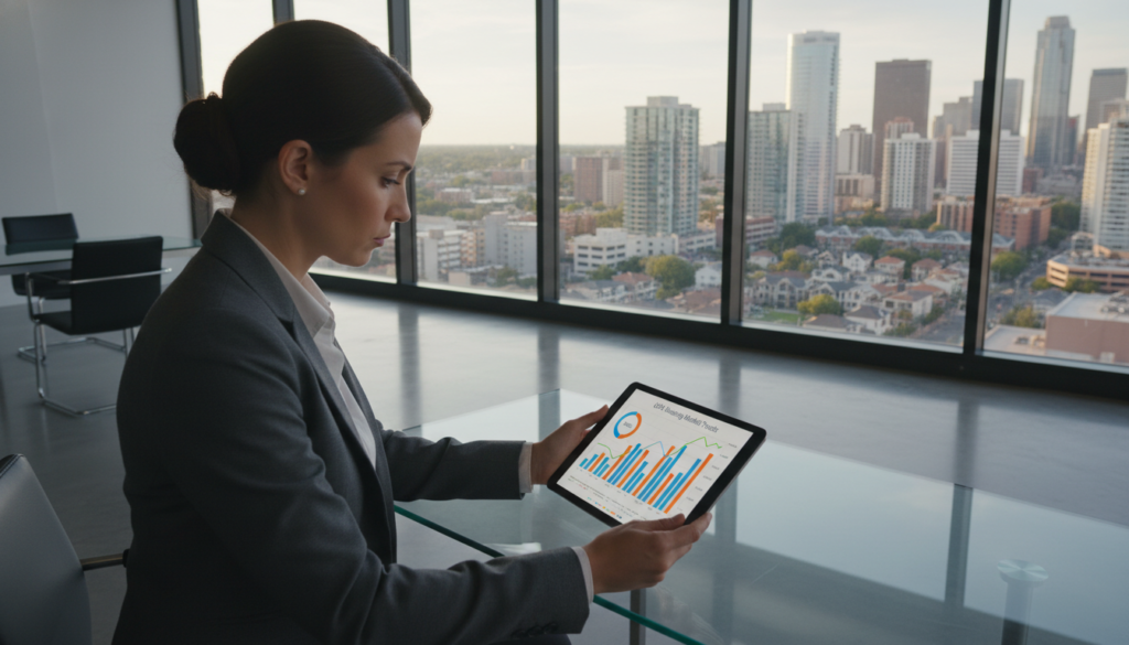 A visually engaging representation of the housing market insights in the USA, featuring a professional businesswoman analyzing real estate data on a modern tablet in the foreground. She is dressed in smart business attire, focusing intently on colorful graphs and charts that symbolize housing trends. In the middle ground, a sleek, contemporary office space showcases large windows with a city skyline backdrop, revealing various housing styles—urban apartments, suburban homes, and commercial buildings. The background is bathed in soft, natural light, creating a warm, inviting atmosphere. The angle is slightly elevated to capture both the subject and the dynamic housing landscape, imparting a sense of analysis and understanding of the current market trends. The overall mood is professional and informative, perfect for illustrating insights into the real estate market. A visually engaging representation of the housing market insights in the USA, featuring a professional businesswoman analyzing real estate data on a modern tablet in the foreground. She is dressed in smart business attire, focusing intently on colorful graphs and charts that symbolize housing trends. In the middle ground, a sleek, contemporary office space showcases large windows with a city skyline backdrop, revealing various housing styles—urban apartments, suburban homes, and commercial buildings. The background is bathed in soft, natural light, creating a warm, inviting atmosphere. The angle is slightly elevated to capture both the subject and the dynamic housing landscape, imparting a sense of analysis and understanding of the current market trends. The overall mood is professional and informative, perfect for illustrating insights into the real estate market.