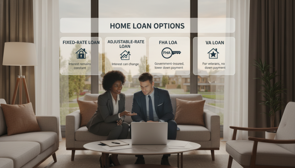 A visually engaging representation of various types of home loans, including icons for fixed-rate, adjustable-rate, FHA, and VA loans. In the foreground, depict a modern and inviting living room with a couple of diverse individuals wearing professional business attire, discussing mortgage options over a laptop and documents. The middle ground highlights a large infographic displaying the loan types with brief descriptions alongside visuals like houses and keys. The background features a softly lit window showing a serene suburban neighborhood, suggesting stability and comfort. Use warm, natural lighting to create an inviting atmosphere, with a focus on clear details and a balanced composition. The image should evoke a sense of trust and clarity related to the home loan process. A visually engaging representation of various types of home loans, including icons for fixed-rate, adjustable-rate, FHA, and VA loans. In the foreground, depict a modern and inviting living room with a couple of diverse individuals wearing professional business attire, discussing mortgage options over a laptop and documents. The middle ground highlights a large infographic displaying the loan types with brief descriptions alongside visuals like houses and keys. The background features a softly lit window showing a serene suburban neighborhood, suggesting stability and comfort. Use warm, natural lighting to create an inviting atmosphere, with a focus on clear details and a balanced composition. The image should evoke a sense of trust and clarity related to the home loan process.