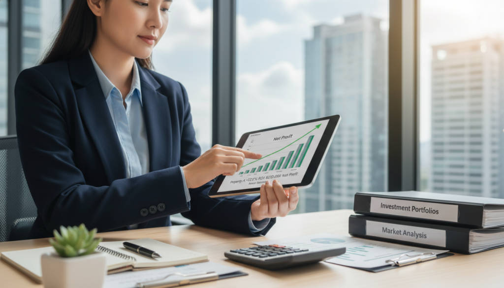 A visually engaging scene depicting a net profit calculation in the context of real estate investment. In the foreground, a professional businessperson, dressed in smart attire, examines a digital tablet displaying financial graphs and charts. In the middle ground, a well-organized desk features a calculator, stacks of documents, and a small potted plant for a touch of warmth. The background showcases a modern office environment with large windows, allowing natural sunlight to flood the space, creating a bright and optimistic atmosphere. The lighting is soft yet clear, highlighting the details in the charts and documents. The overall mood is focused and confident, emphasizing the theme of smart investment decisions and financial clarity. A visually engaging scene depicting a net profit calculation in the context of real estate investment. In the foreground, a professional businessperson, dressed in smart attire, examines a digital tablet displaying financial graphs and charts. In the middle ground, a well-organized desk features a calculator, stacks of documents, and a small potted plant for a touch of warmth. The background showcases a modern office environment with large windows, allowing natural sunlight to flood the space, creating a bright and optimistic atmosphere. The lighting is soft yet clear, highlighting the details in the charts and documents. The overall mood is focused and confident, emphasizing the theme of smart investment decisions and financial clarity.